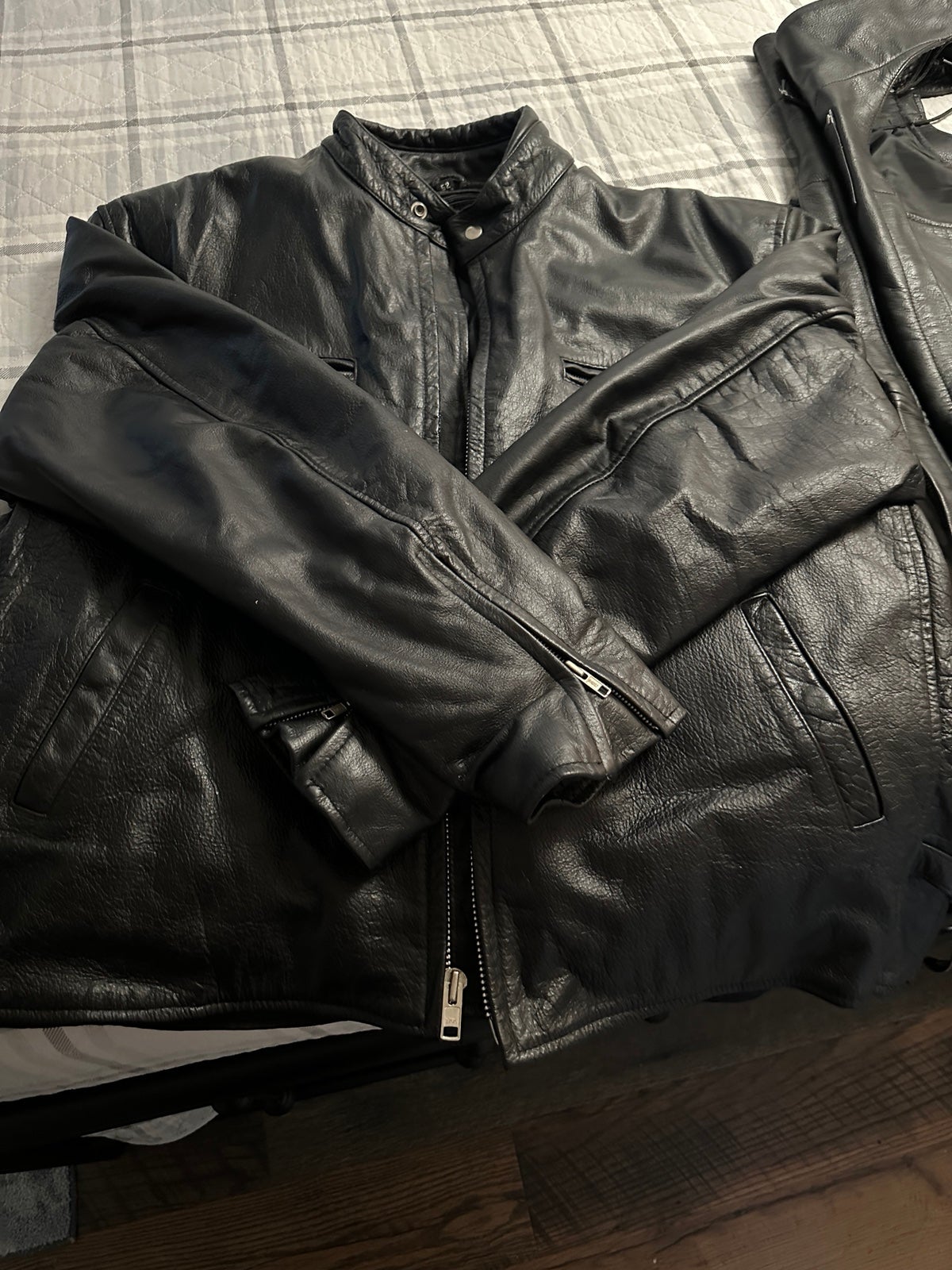 Leather jacket and chaps riding gear