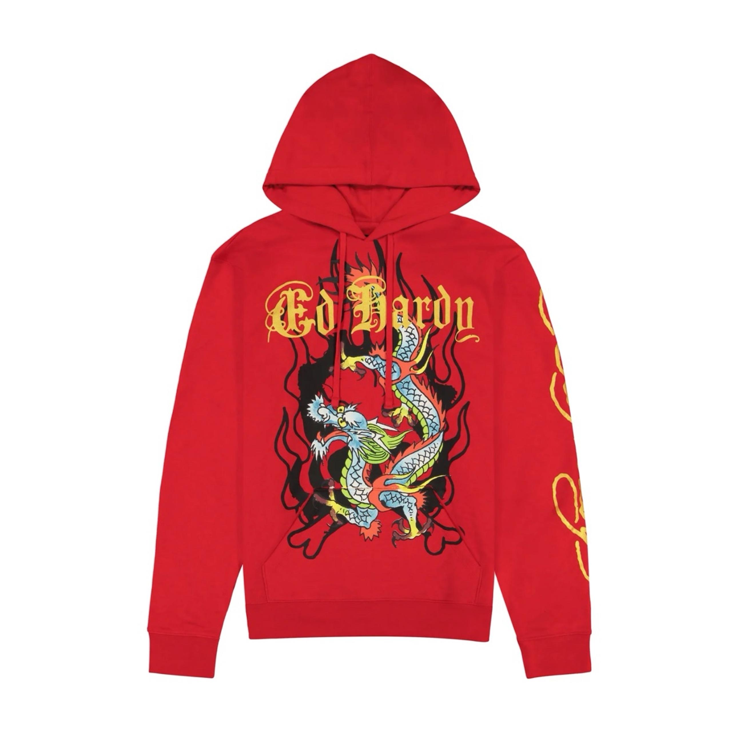 Ed Hardy Hoodie Dragon Red Pullover Mens Graphic Biker Rock Tattoo