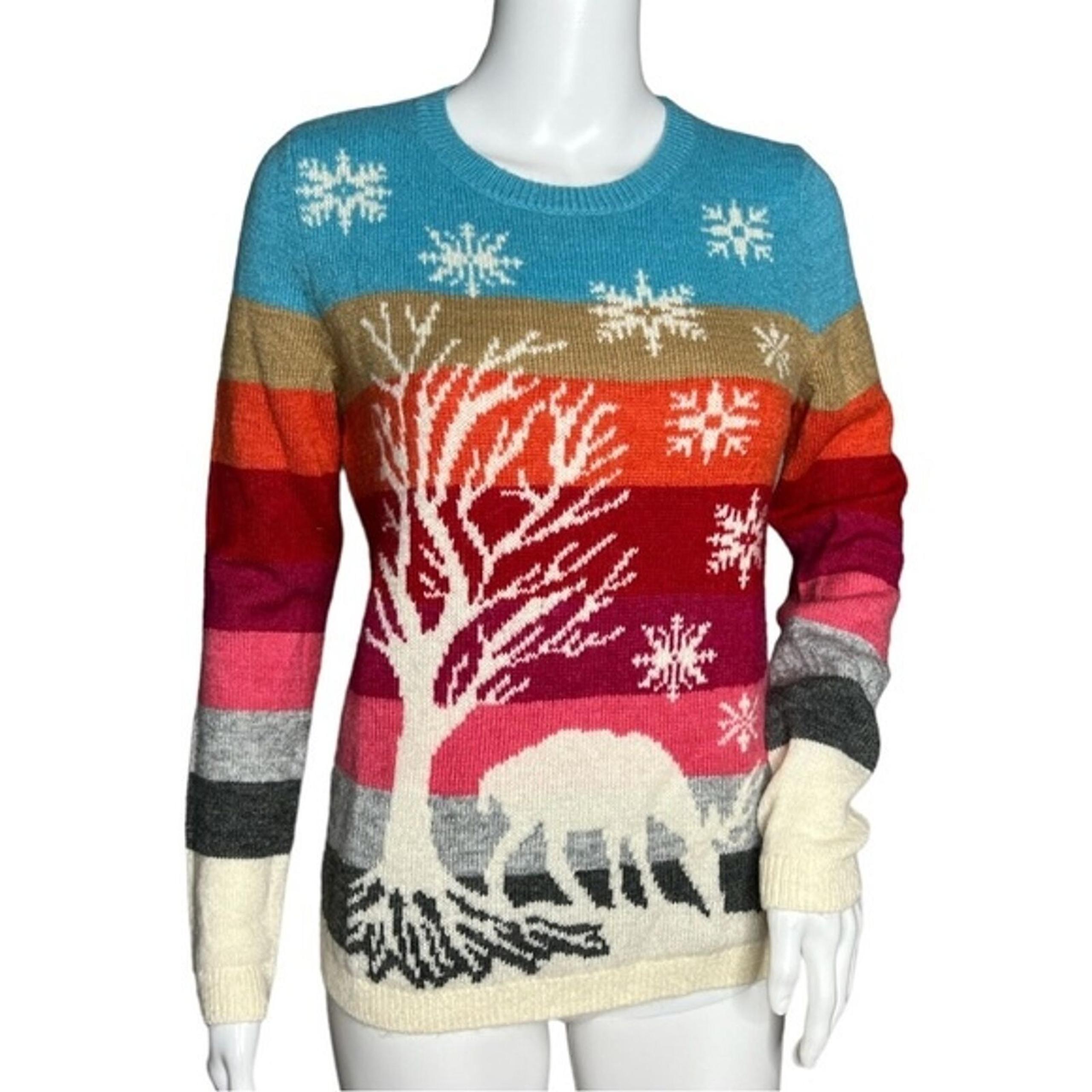 Talbots Sweater Womens Small Multicolored Wide Stripe Winter Scene Deer Knit