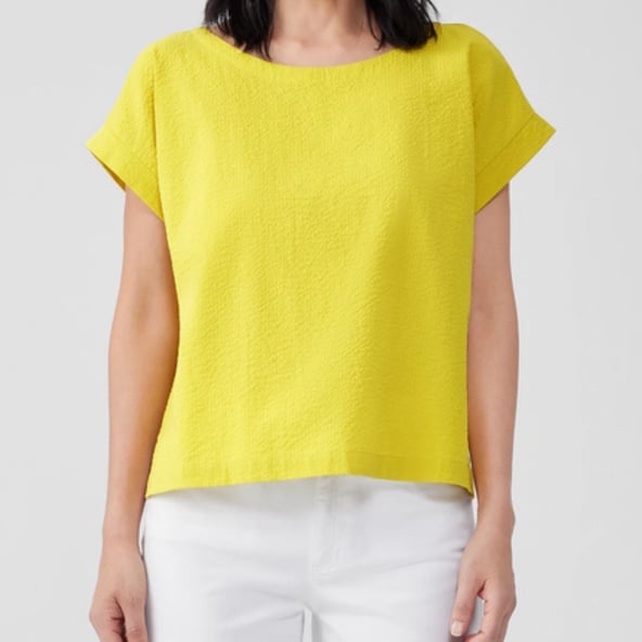 EILEEN FISHER Washed Organic 100% Linen Delave Top in Butter Yellow Sz M Petite