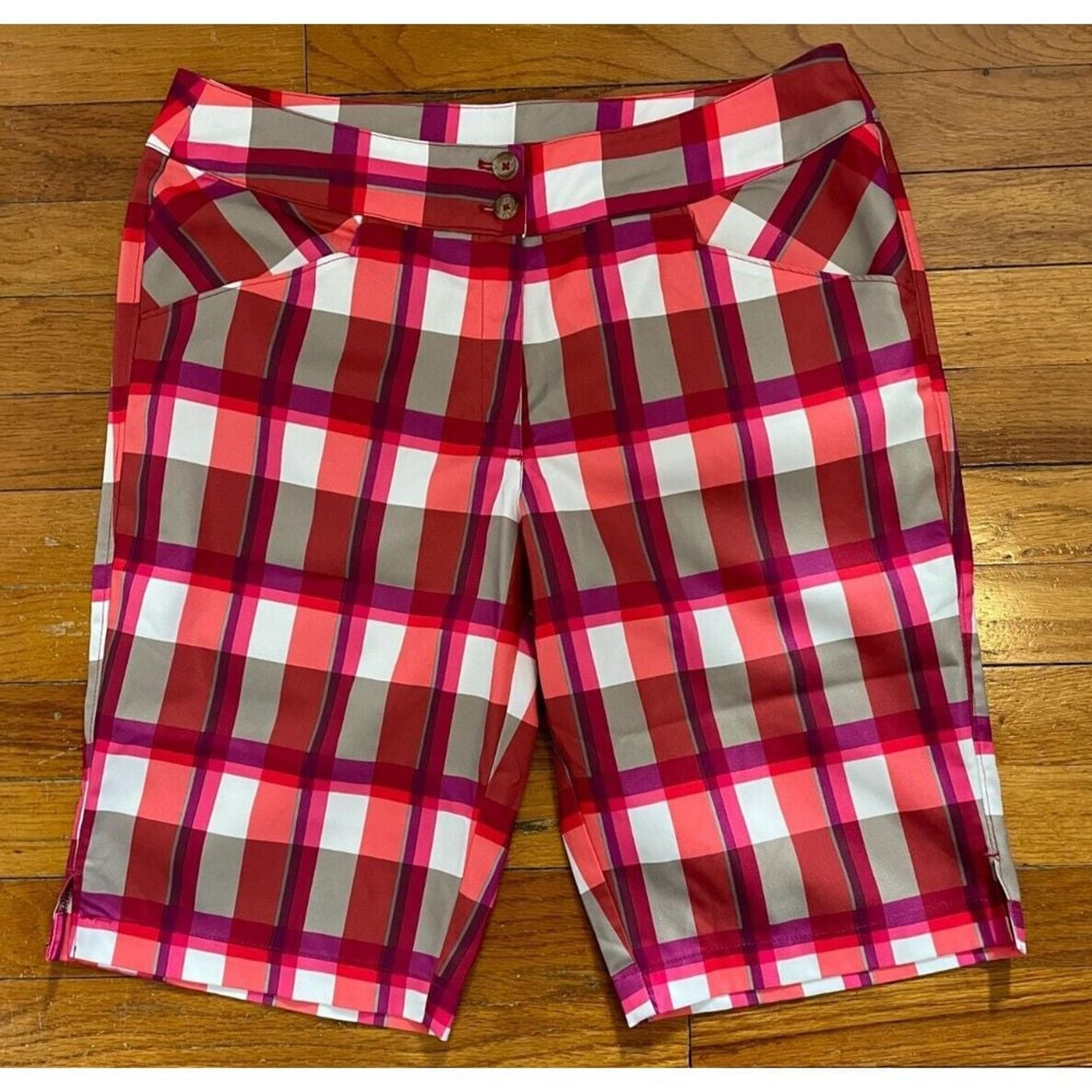 Callaway Women's Golf Shorts 6 Bermuda Pockets Red Pink Plaid Flat Front
