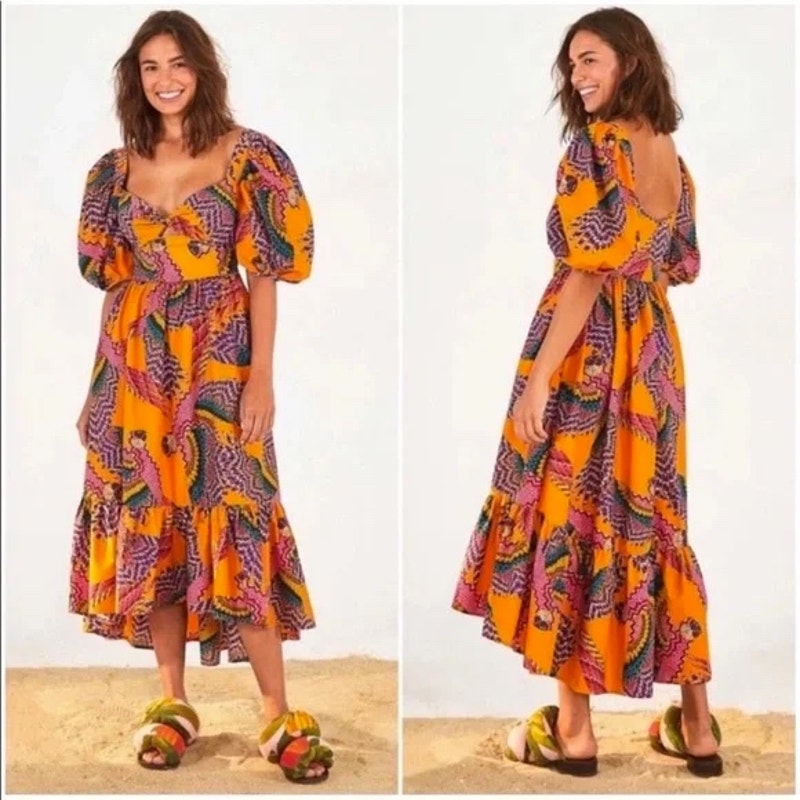 Farm Rio Beaded Macaws Puff Sleeve Ruffle Hi-Low Midi Dress Women's XS