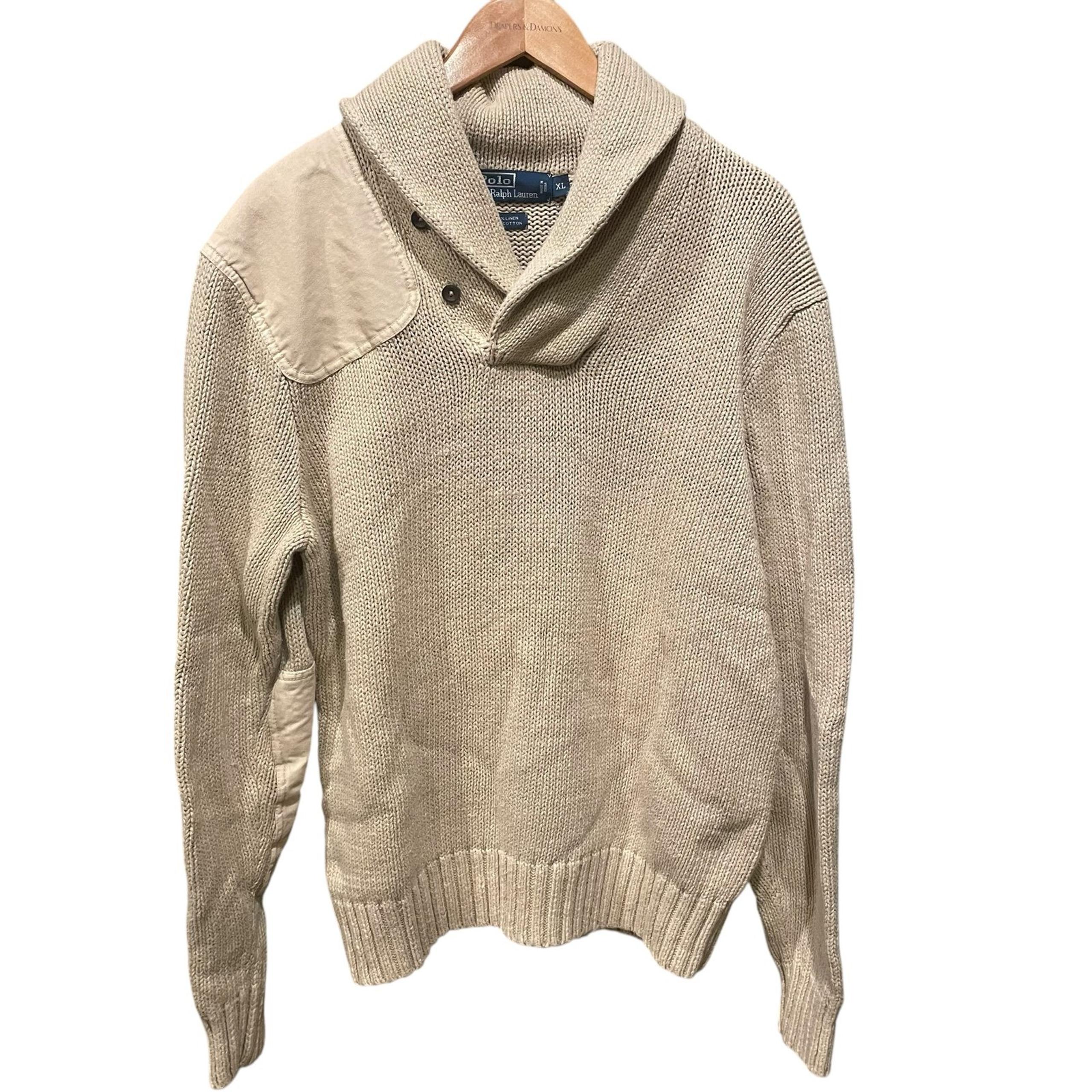 Polo By Ralph Lauren XL Cotton And Linen Beige Sweater With Patches Collegiate