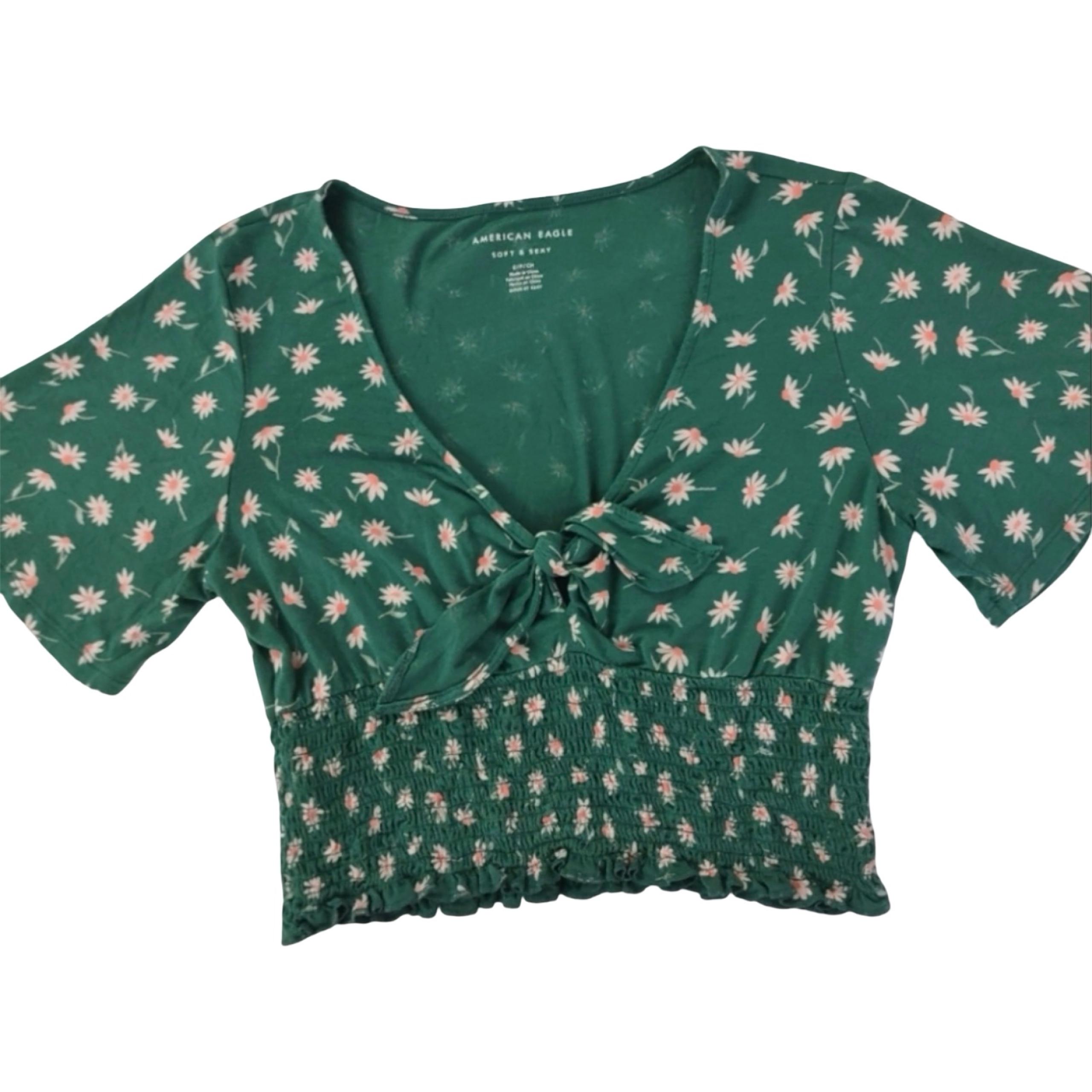 American Eagle Outfitters Green Floral Keyhole Blouse Top
