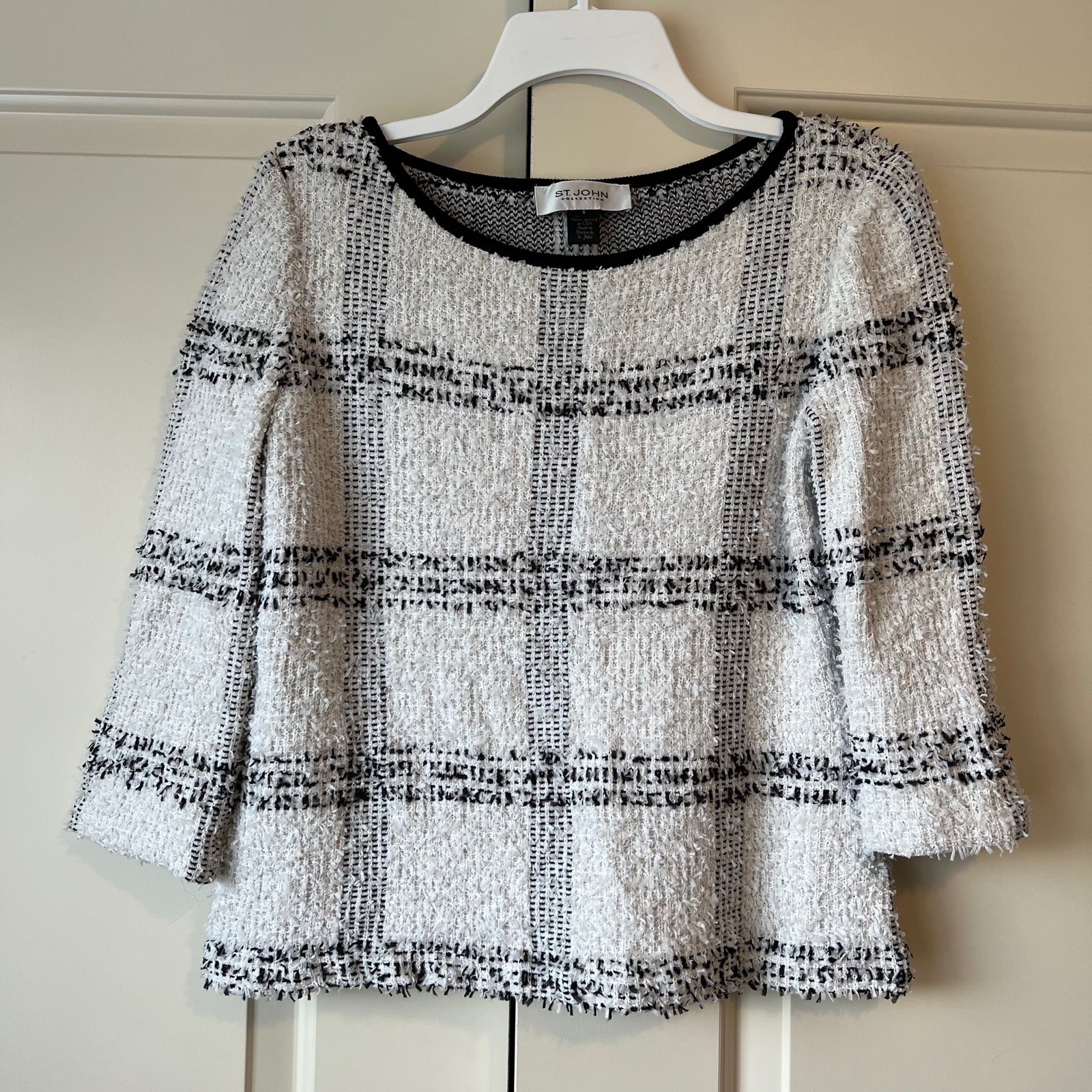 St. John Collection White Black Wool Plaid Tweed Sweater Top Small