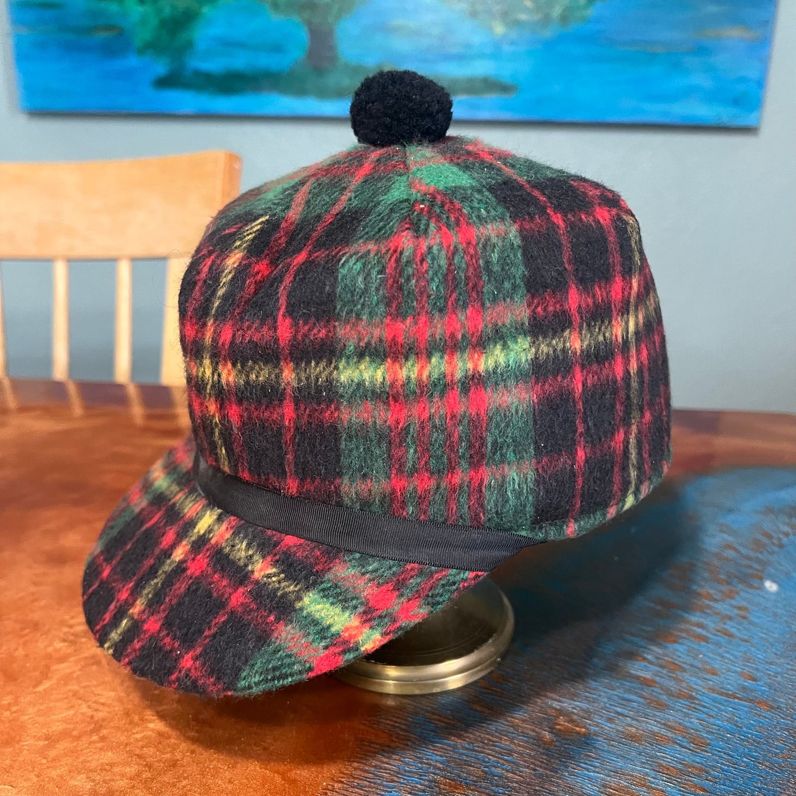 Vintage Flex-o Band Wool Plaid Winter Trapper Hunter Hat Pom size 6 7/8