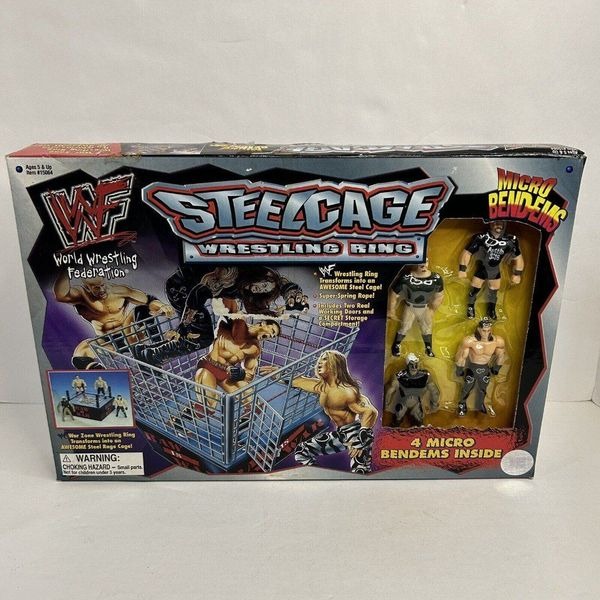 New WWF Micro Bend-ems Steel Cage Ring Set & Figures Just Toys WWE Vtg 1998 WWE