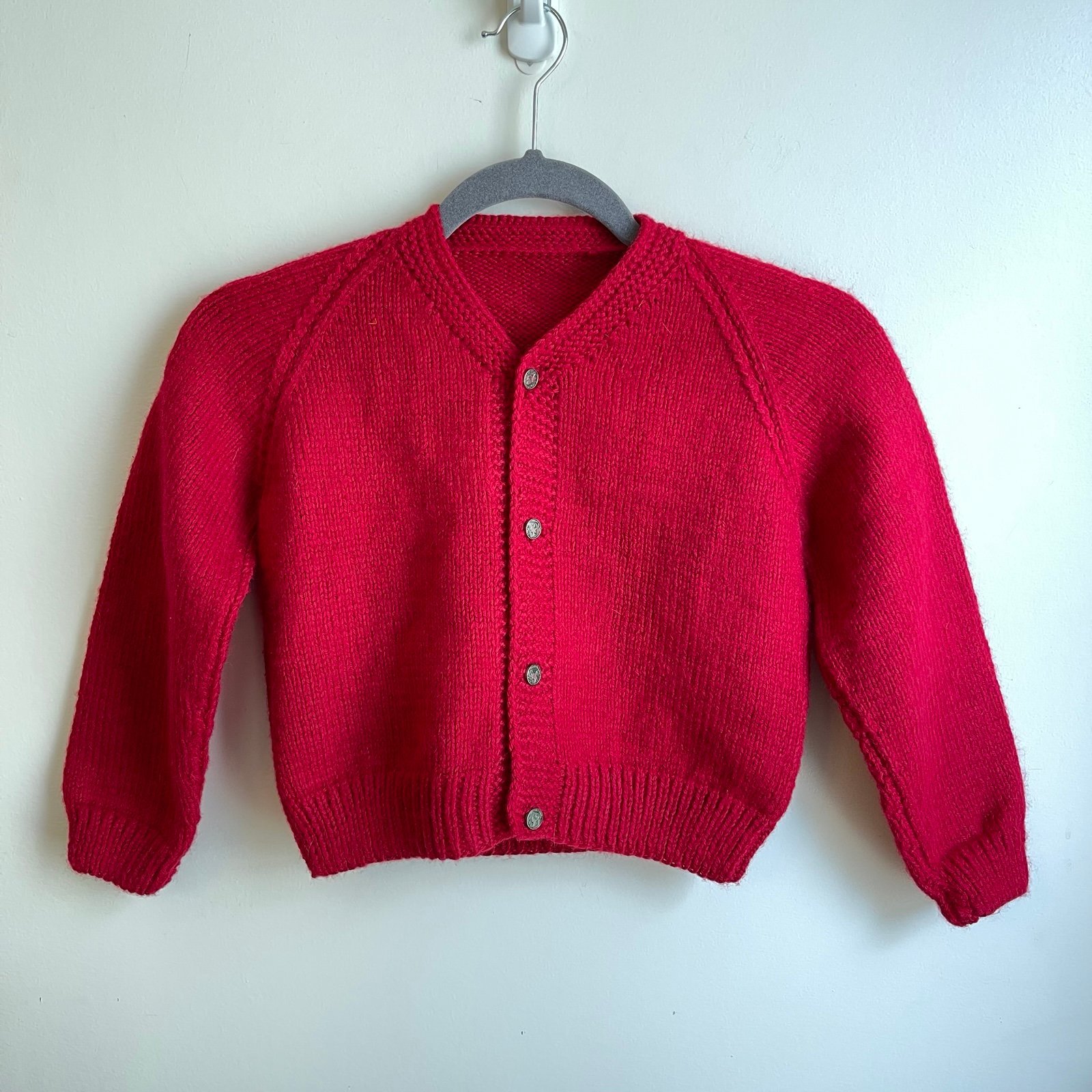 Vintage Handmade Wool Knit Girls Cardigan Sweater Metal Queen Buttons 4T 5T