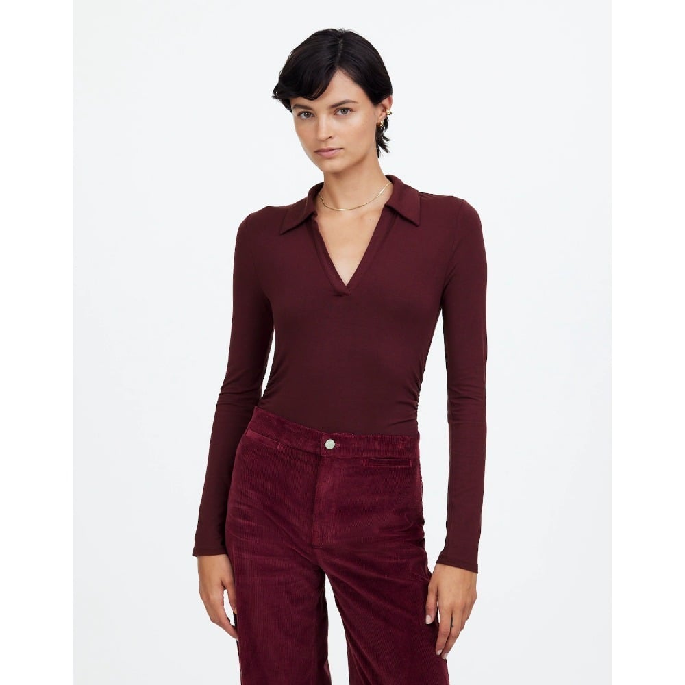 Madewell Polo Top Side Cinch Long Sleeve Collared Blouse Plum Purple Size M