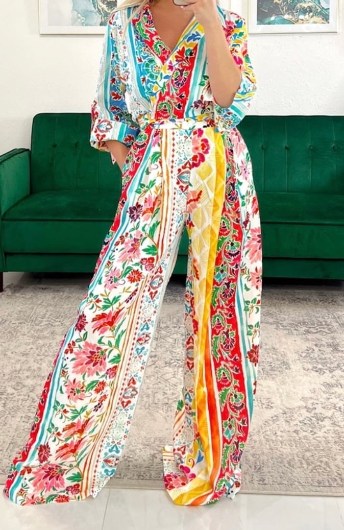 NEW FLOWERED SET 2 PIECE COORD SET TIE BACK TEE AND WIDE LEG PANTS