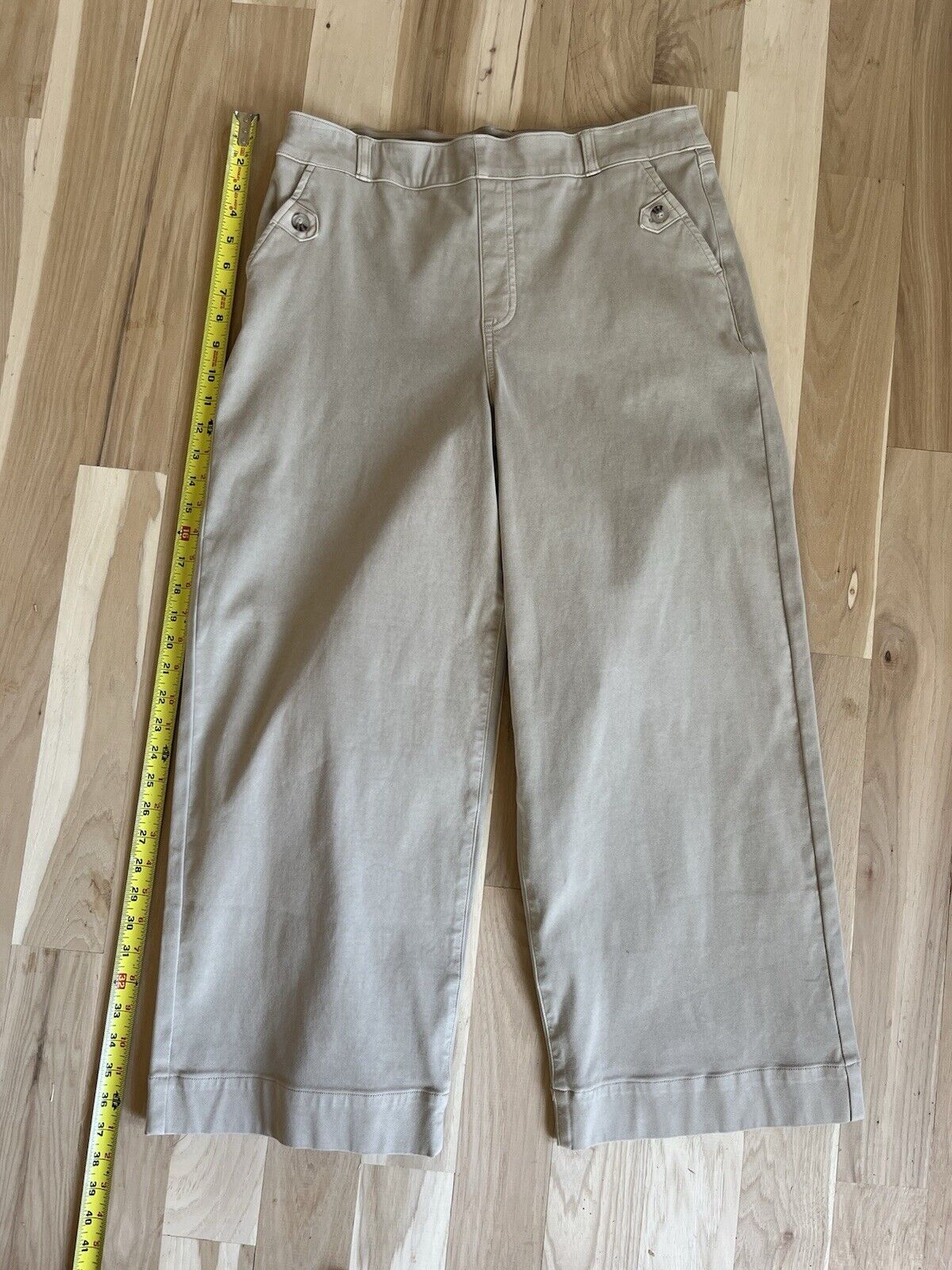 Spanx Women's Stretch Twill Denim Slacks Cropped Wide Leg Pant Size XL TAN Khaki