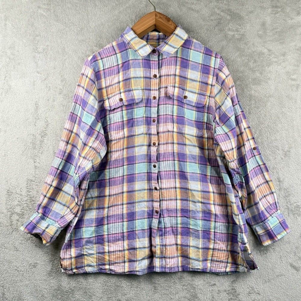 Lands' End 100% Linen Button Shirt Womens 1X 16-18 Madras Plaid Roll Tab Sleeve