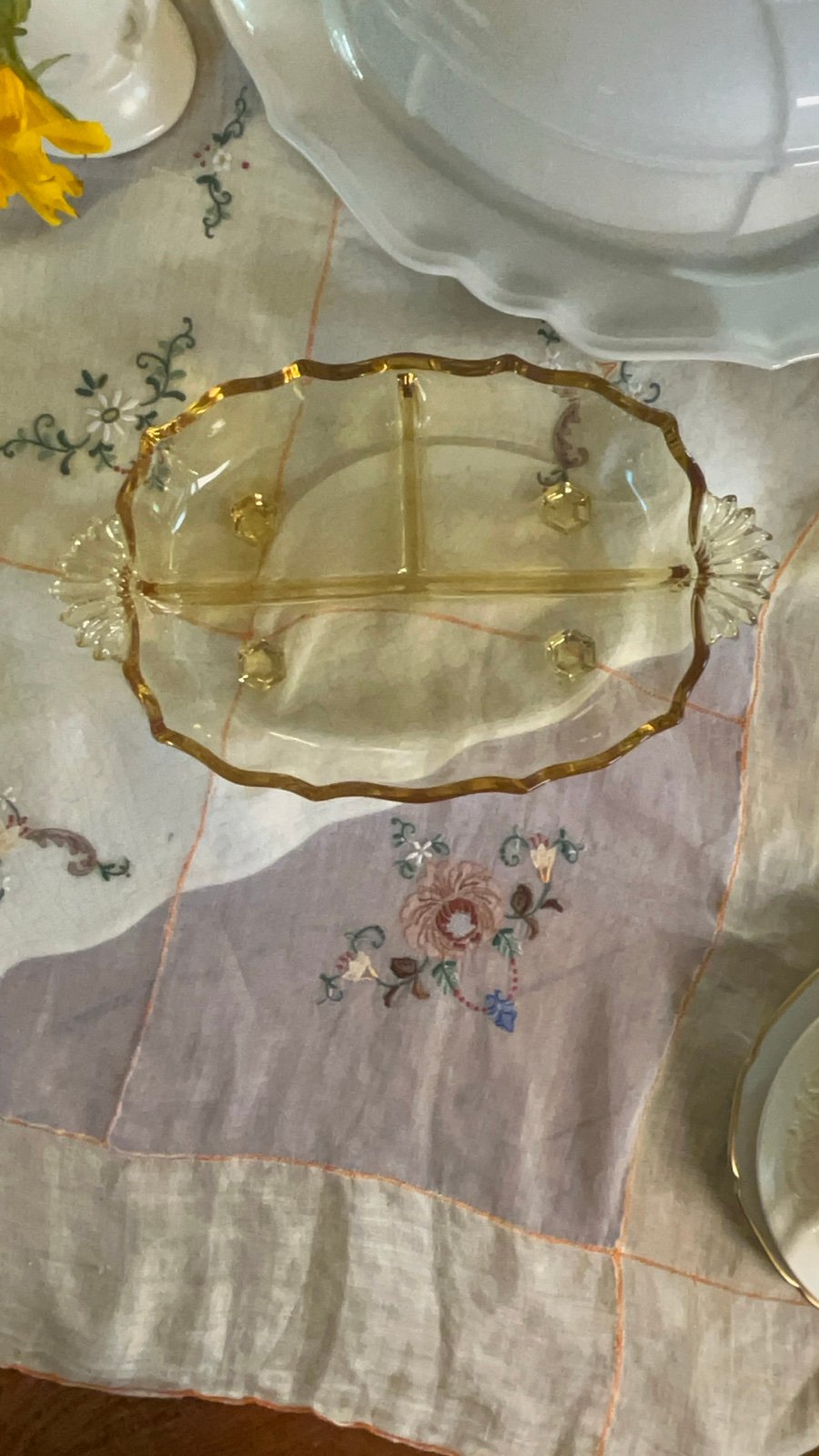Fostoria Glass Baroque Topaz (1) Sectioned Srrving Dish Fleur de Lis Handle