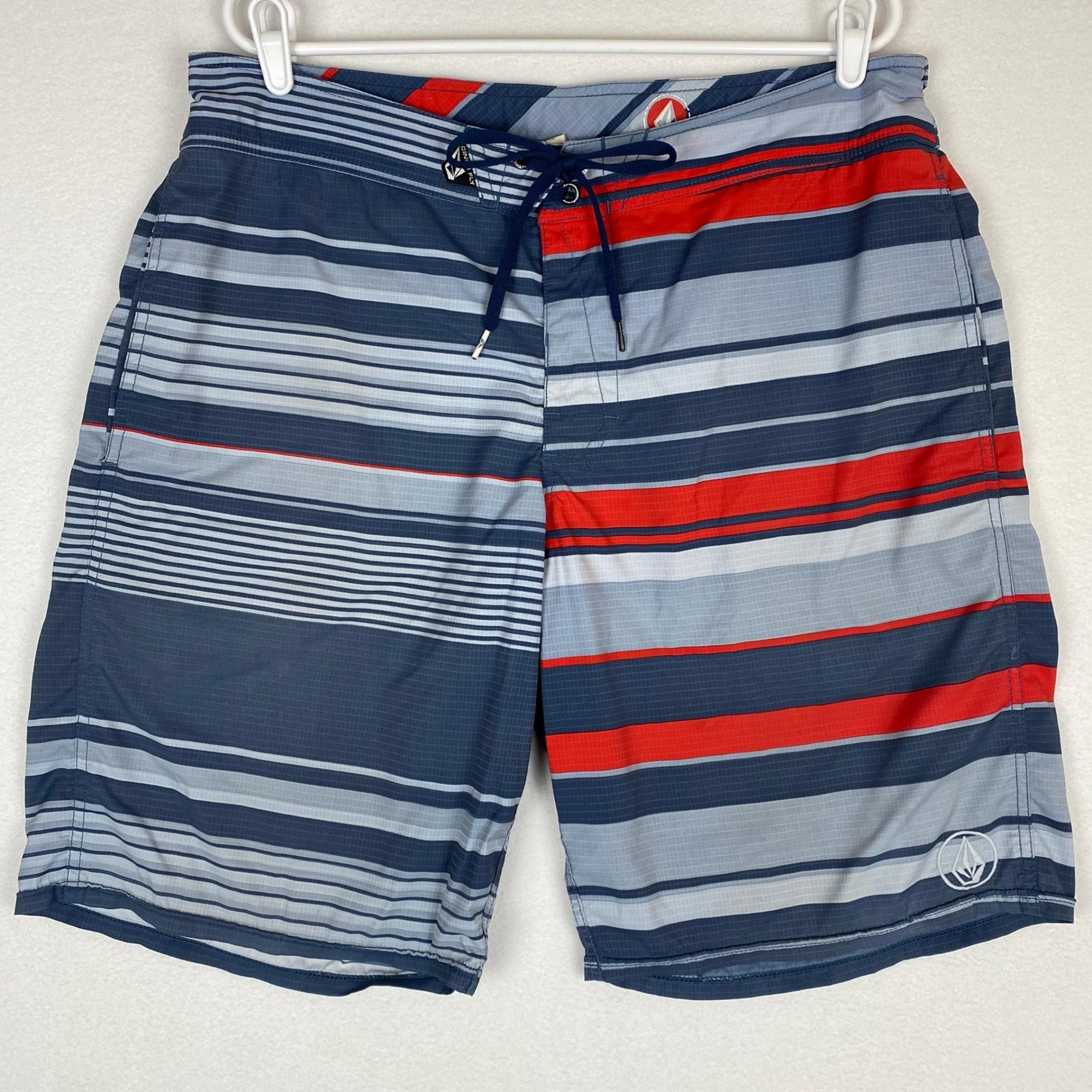 Volcom Board Shorts Men's 36 Red Blue Stripe Ripstop Beach Surf