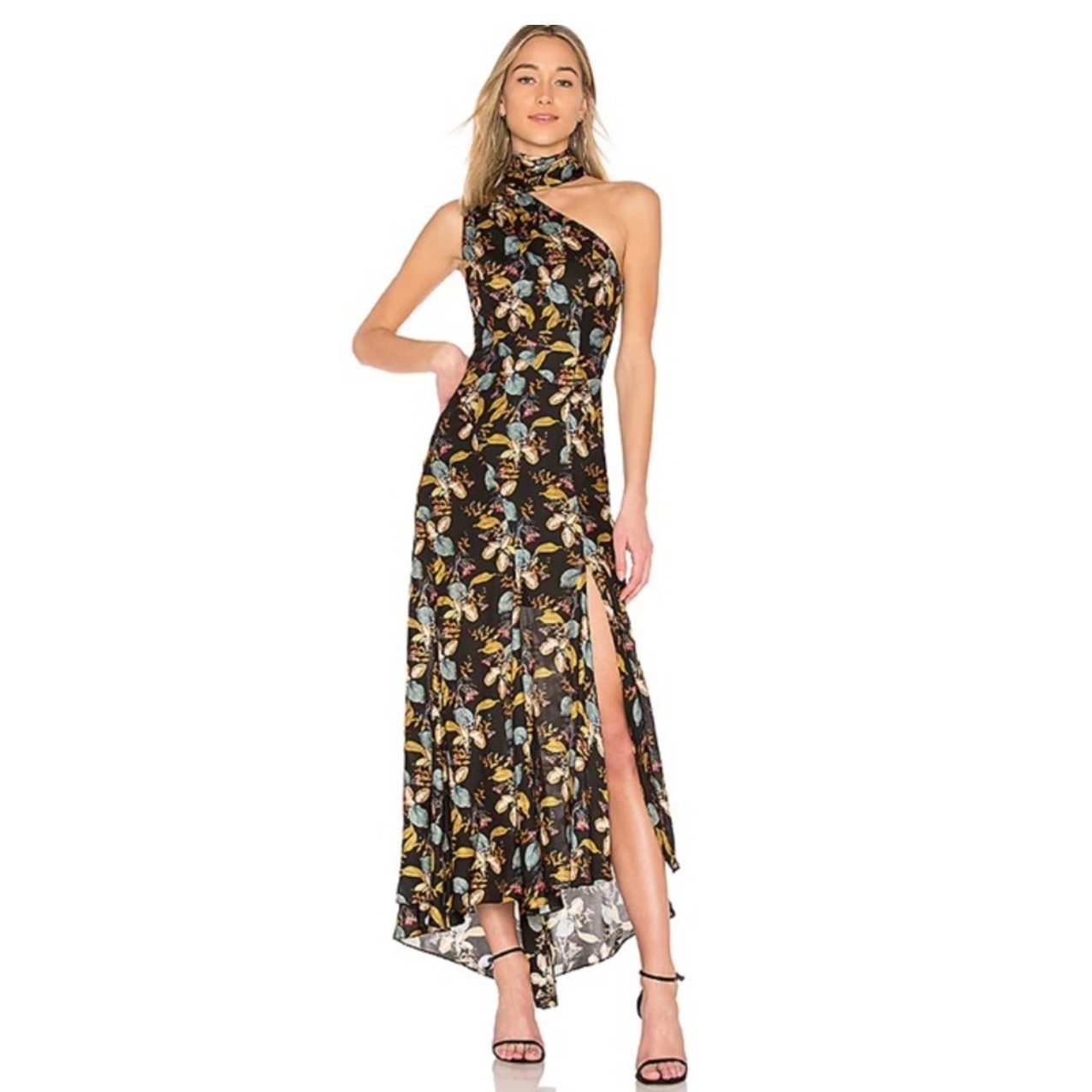 Nicholas Ava Floral Tie Neck Maxi Dress in Black 0