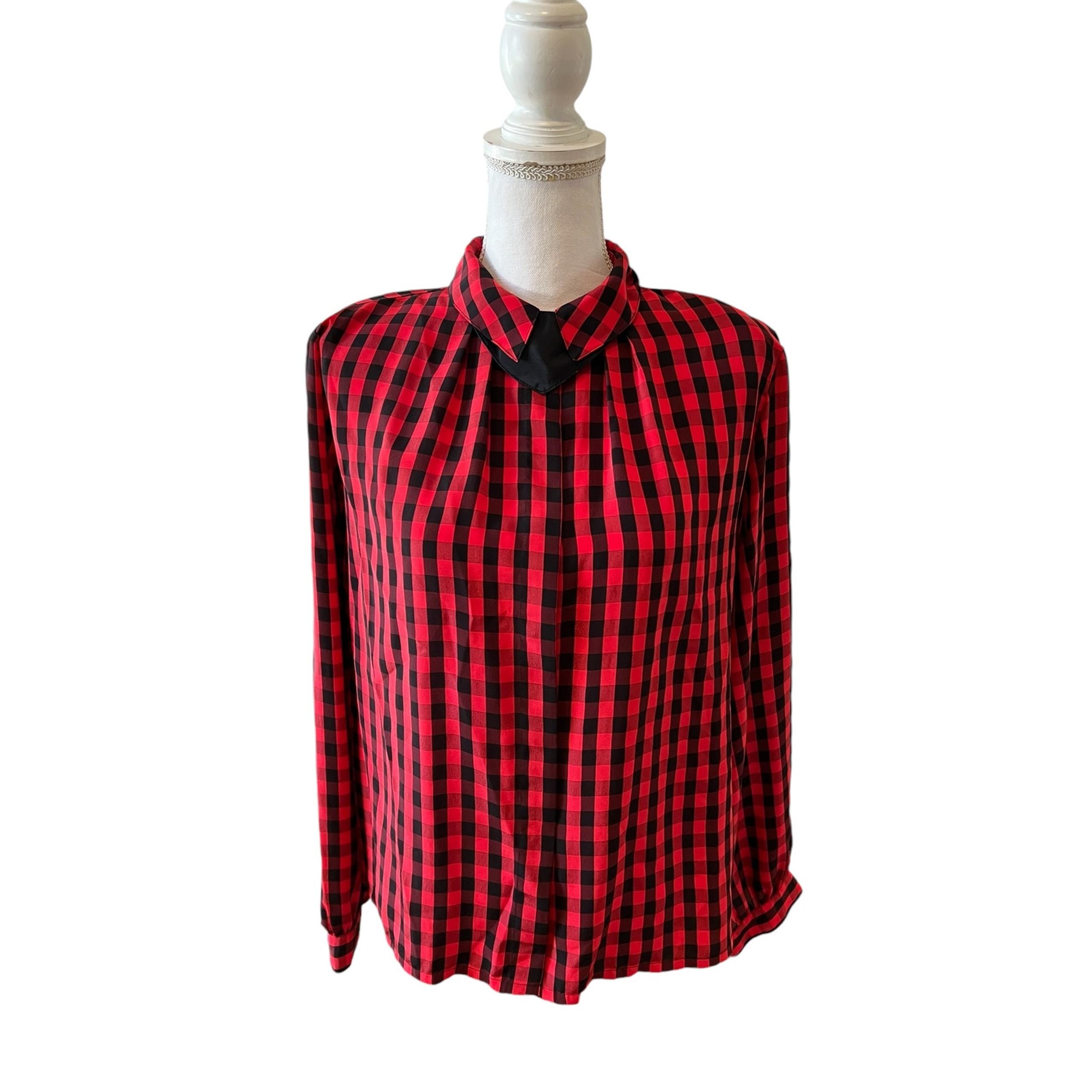 Vintage 80s Buffalo check Plaid button front blouse bow tie detail