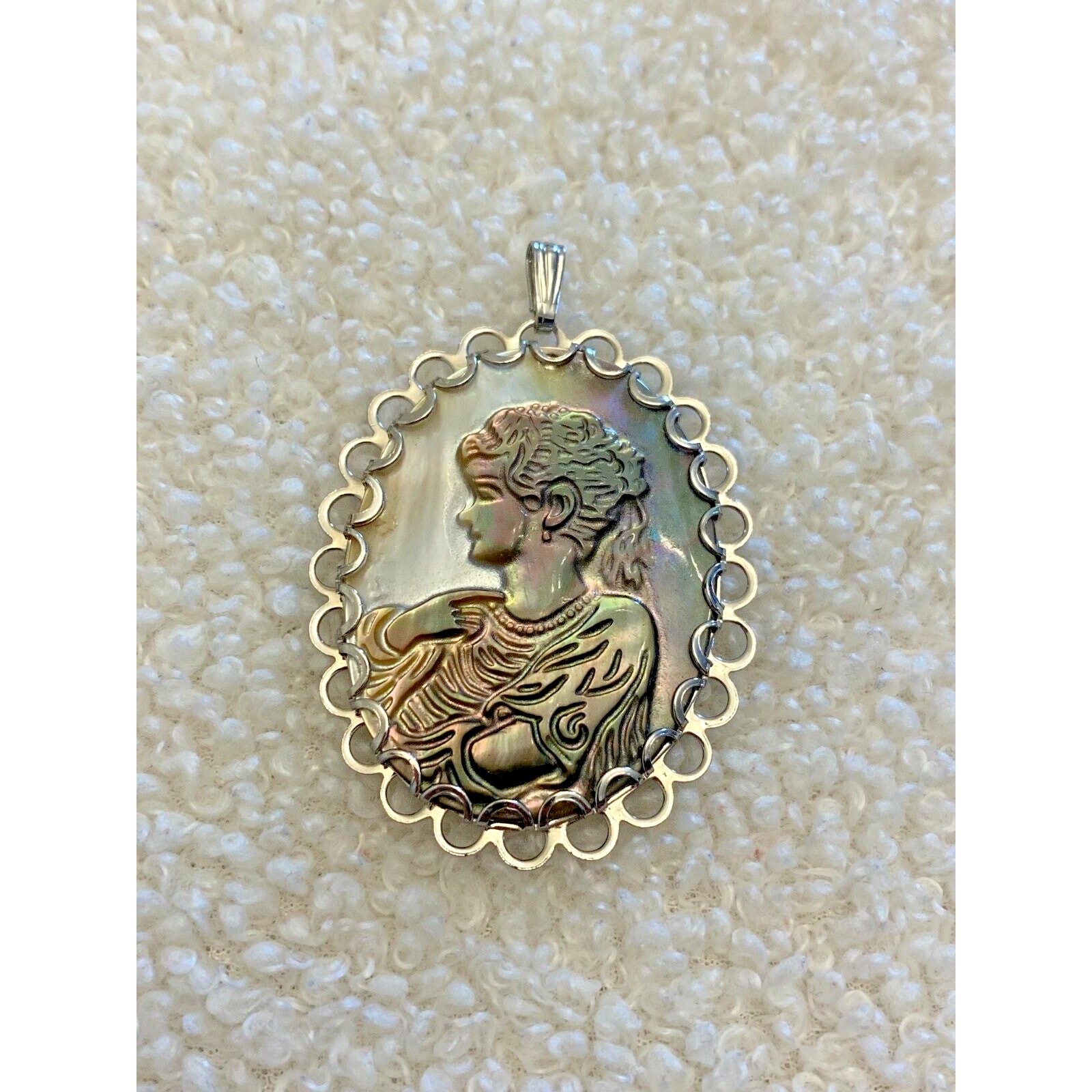 Beautiful Vintage Mother of Pearl Goddess Cameo in Silver Tone Pendant