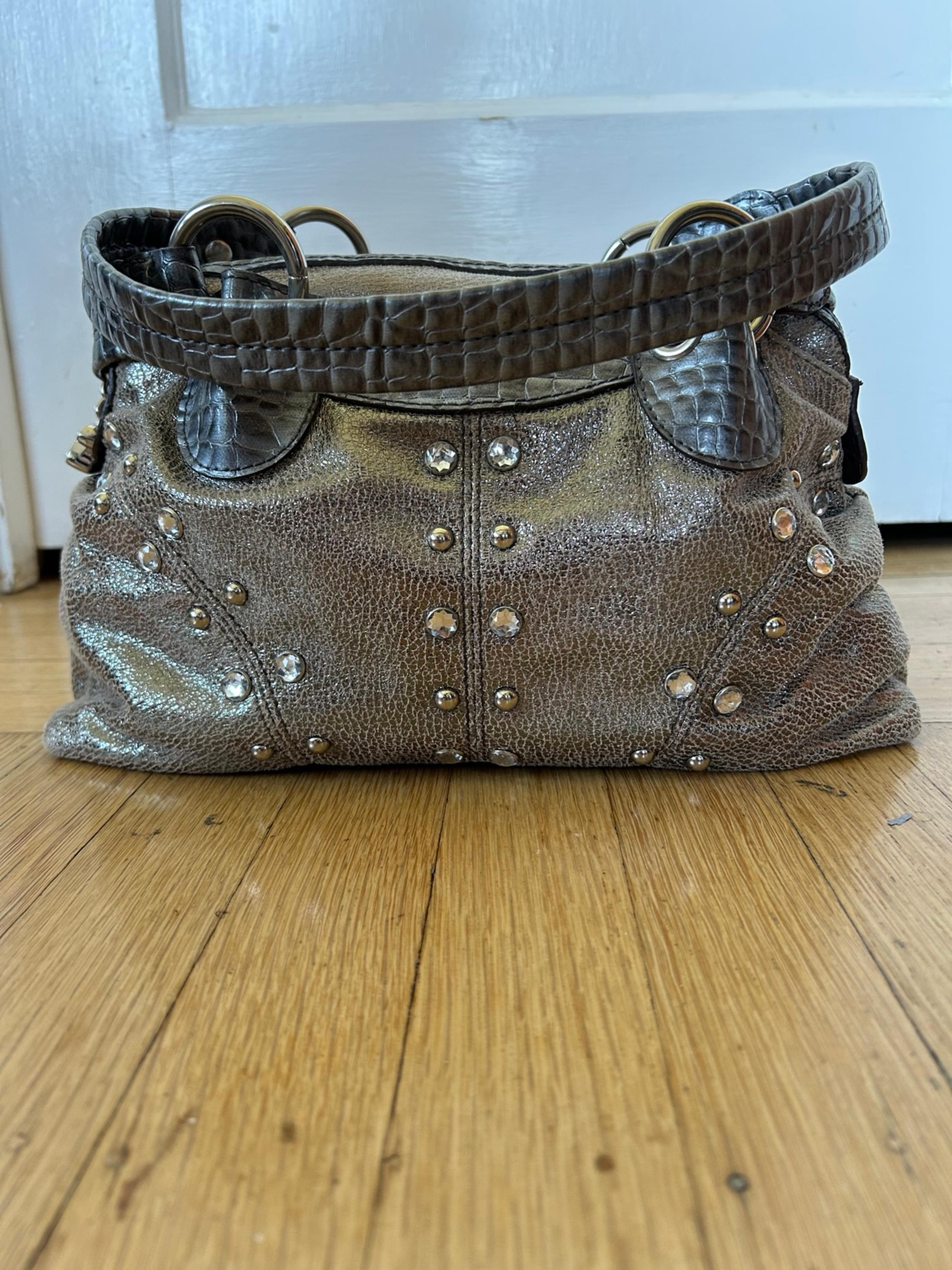Vintage Kathy Van Zeeland Silver Shoulder Bag with Croc-Embossed Trim