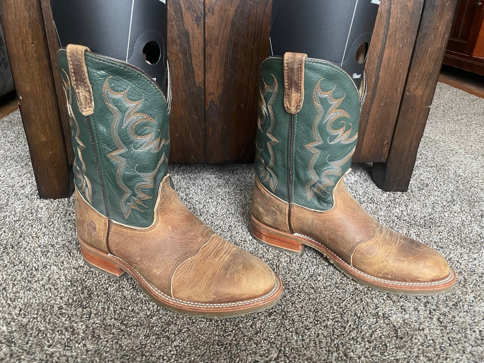 Men’s Double H Boots: Brown and Forest Green Roper size 10.5