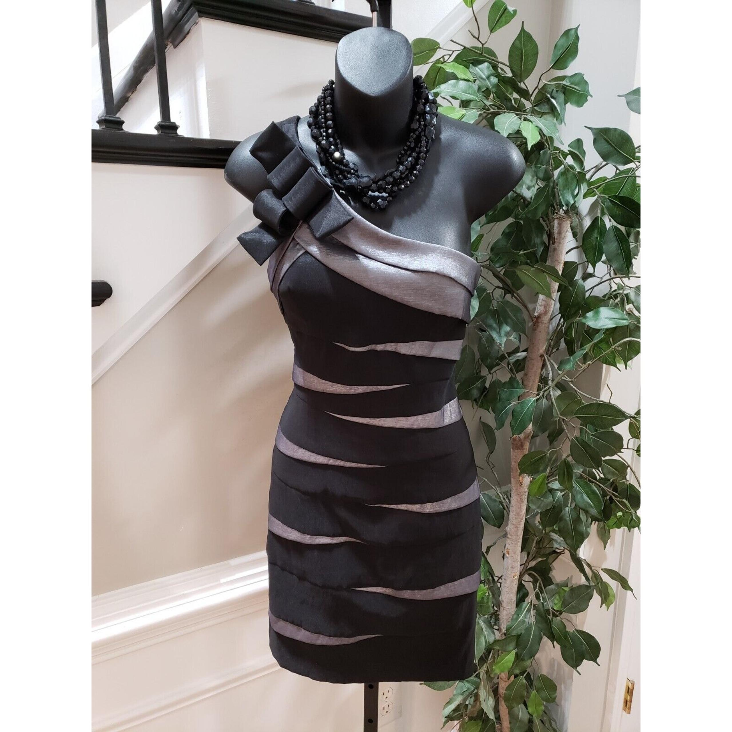 Betsy & Adam Women's Gray & Black Polyester One Shoulder Off Knee Length Dress 4