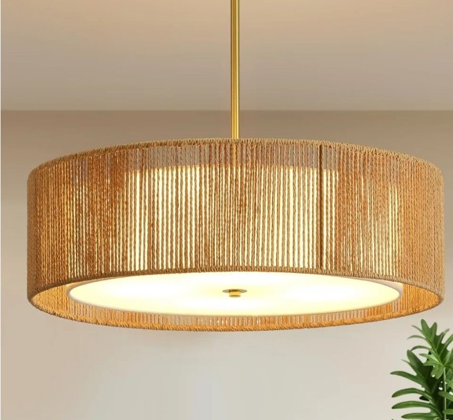 Boho Chandelier Chandeliers for Dining Room, Rattan Chandelier with Fabric Shade