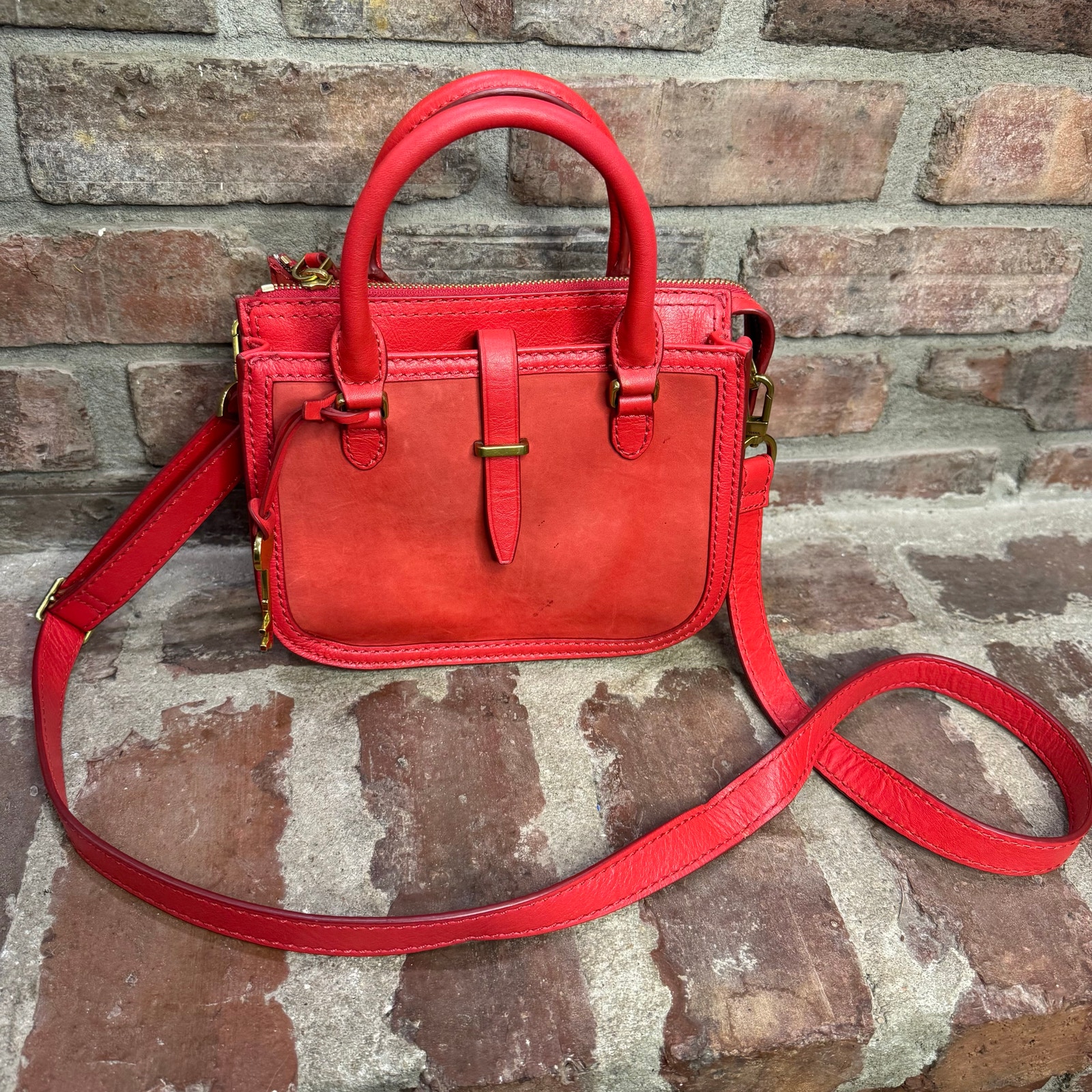 Fossil Ryder Mini Satchel Leather Crossbody Handbag Brick Red