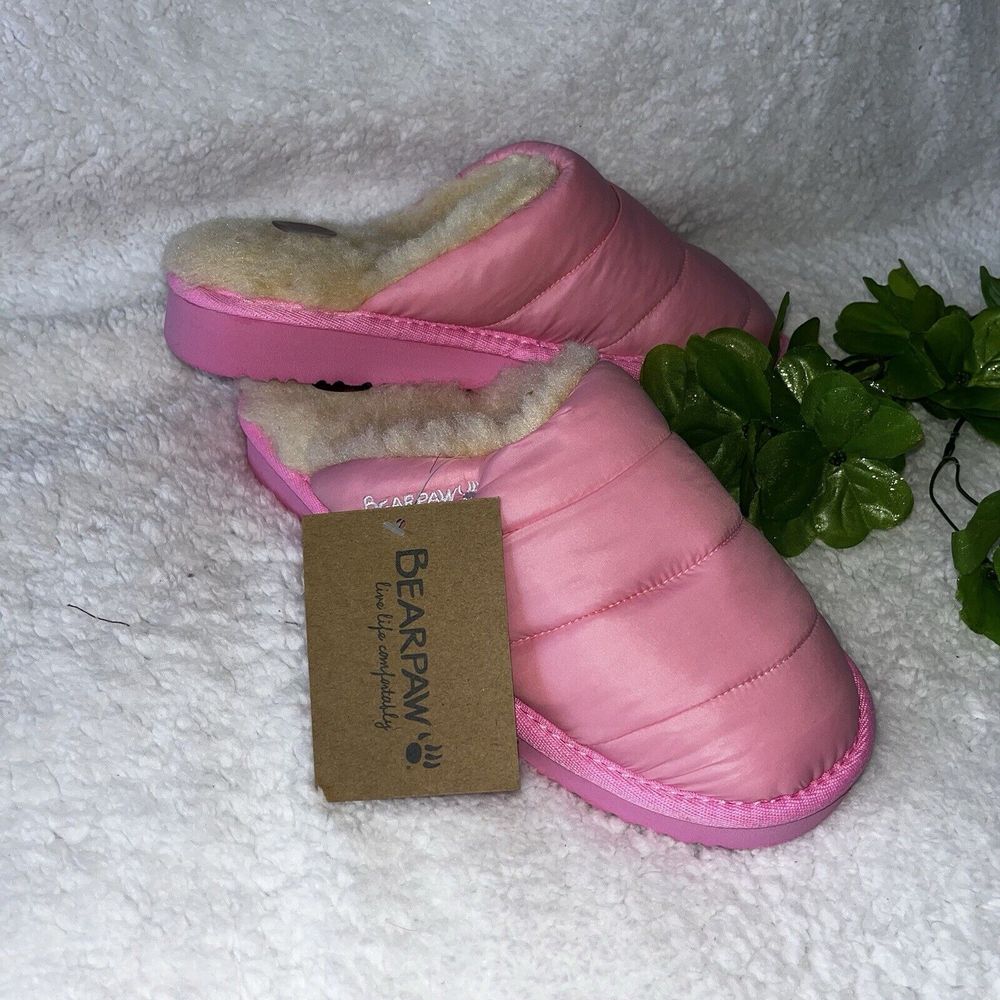 Bearpaw Puffy Slipper Women's Pink Sz 8 Genuine Fur Shearling Slip On Mule