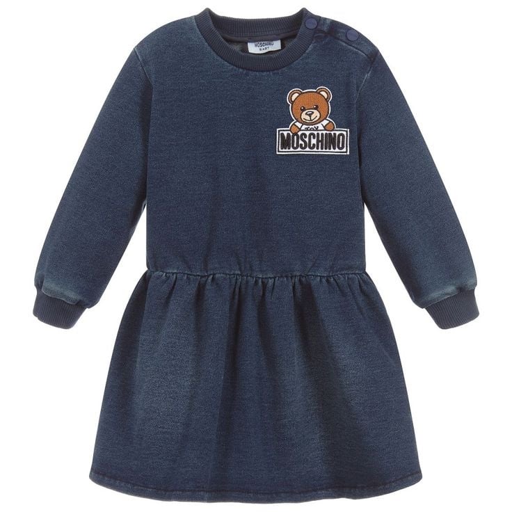 Moschino Kids Navy Blue Cotton Long Sleeve Dress with Teddy Bear Patch Size 10