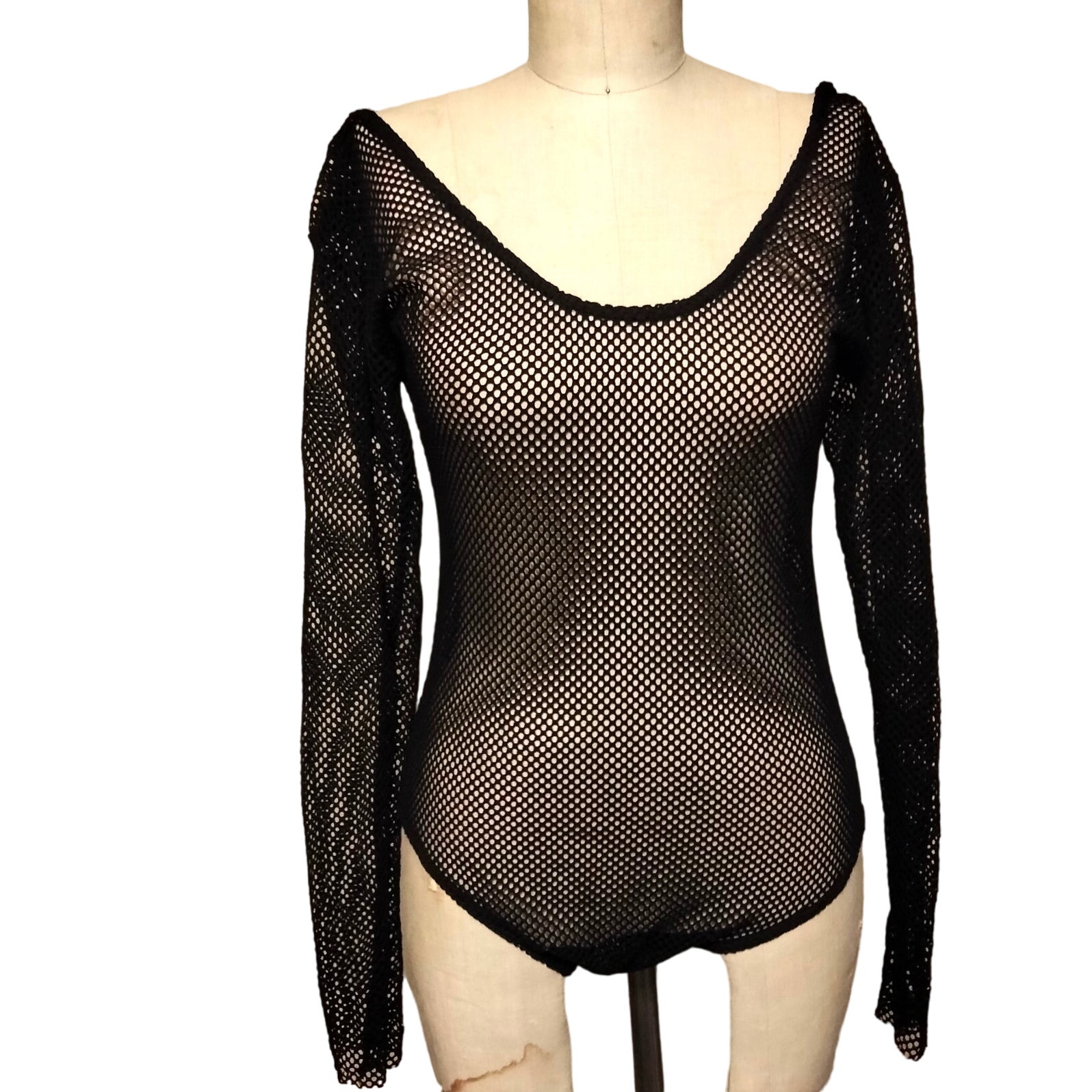 Black Fishnet Leotard Bodysuit Vintage 1980's L/ XL