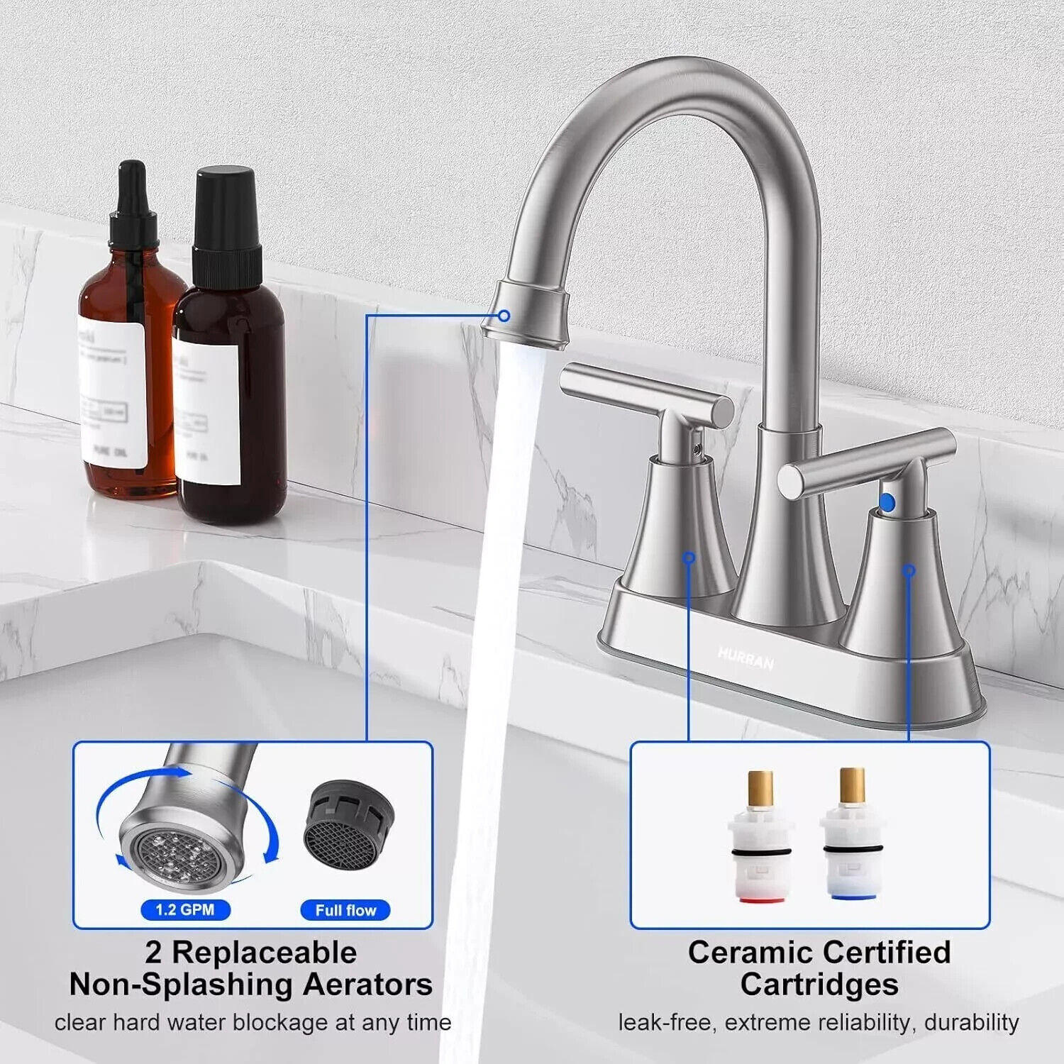 HURRIAN Dual Handle Bathroom Faucet - Modern Brushed Nickel Finish
