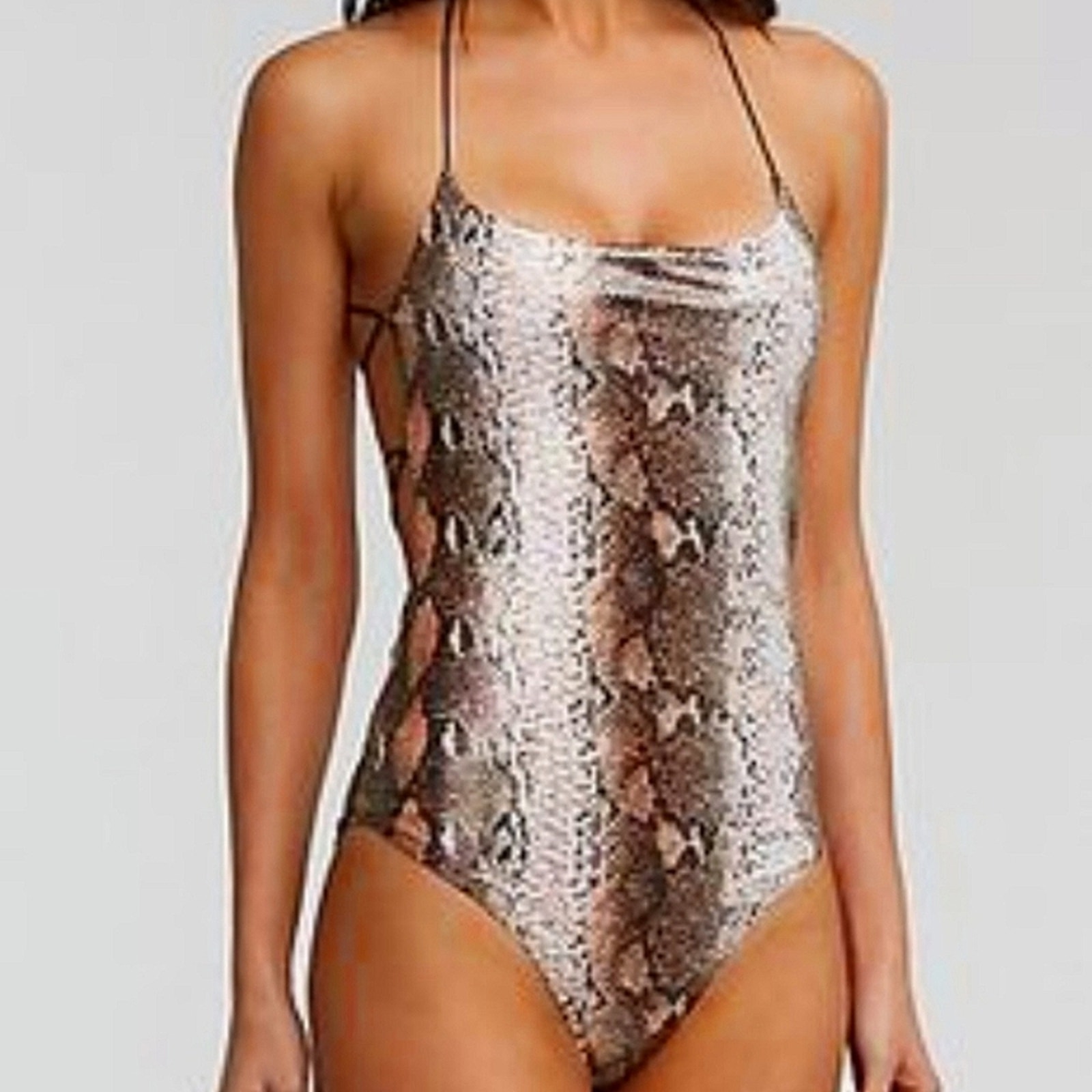 Vintage Y2K Charlotte Russe Snake Print Metallic Foil Strappy Back Bodysuit SM