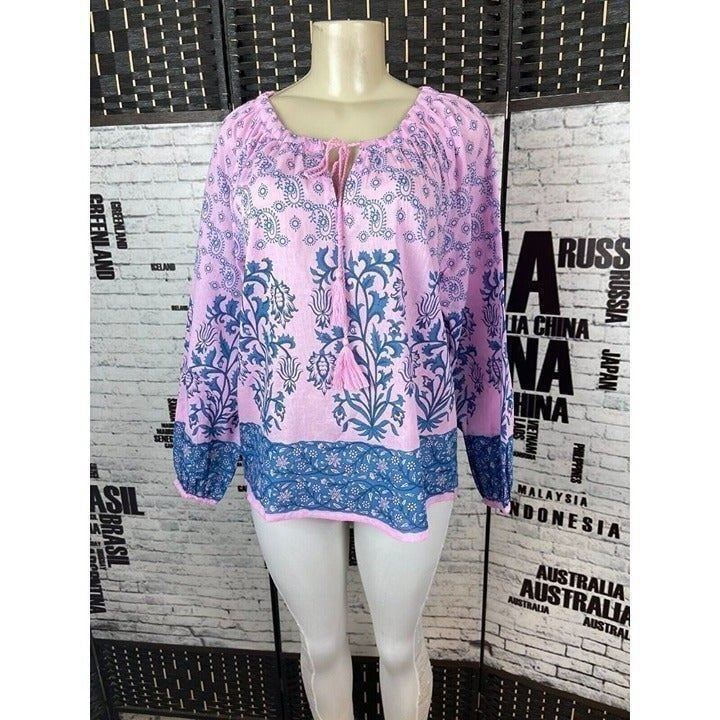 Cynthia Rowley M Pink Woven Floral Print Cotton Tie Tassel Neck Long Sleeve Top