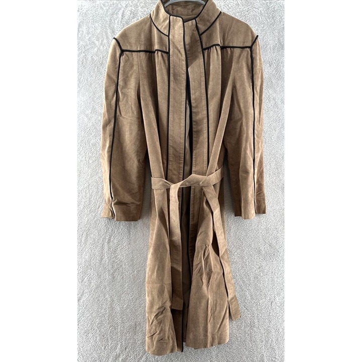 Abe Schrader Womens Long Coat Beige Black Long Open Front Piping Mock Neck L