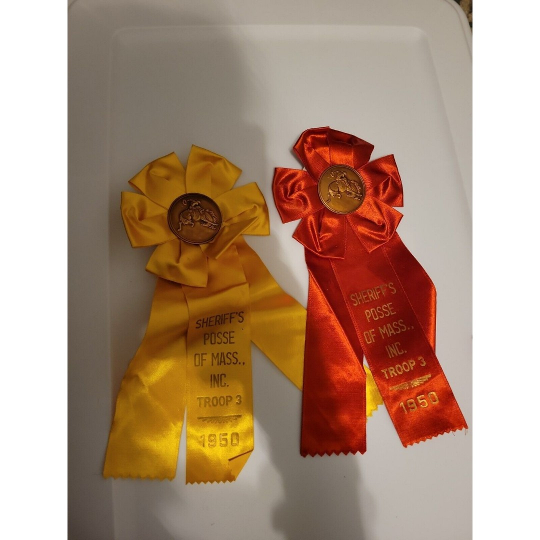 VTG Antique 1950 Sheriff's Posse of Mass Ribbon Rosette Red Yellow MA Horse