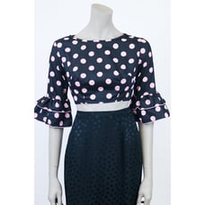 Vintage 1960s 60s Black & Pink Polka Dot Flared Sleeve Crop Top Deadstock XS