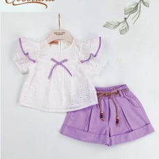 2-piece Girls Purple Bow Front Ruffle Embroidered Shirt and Shorts set