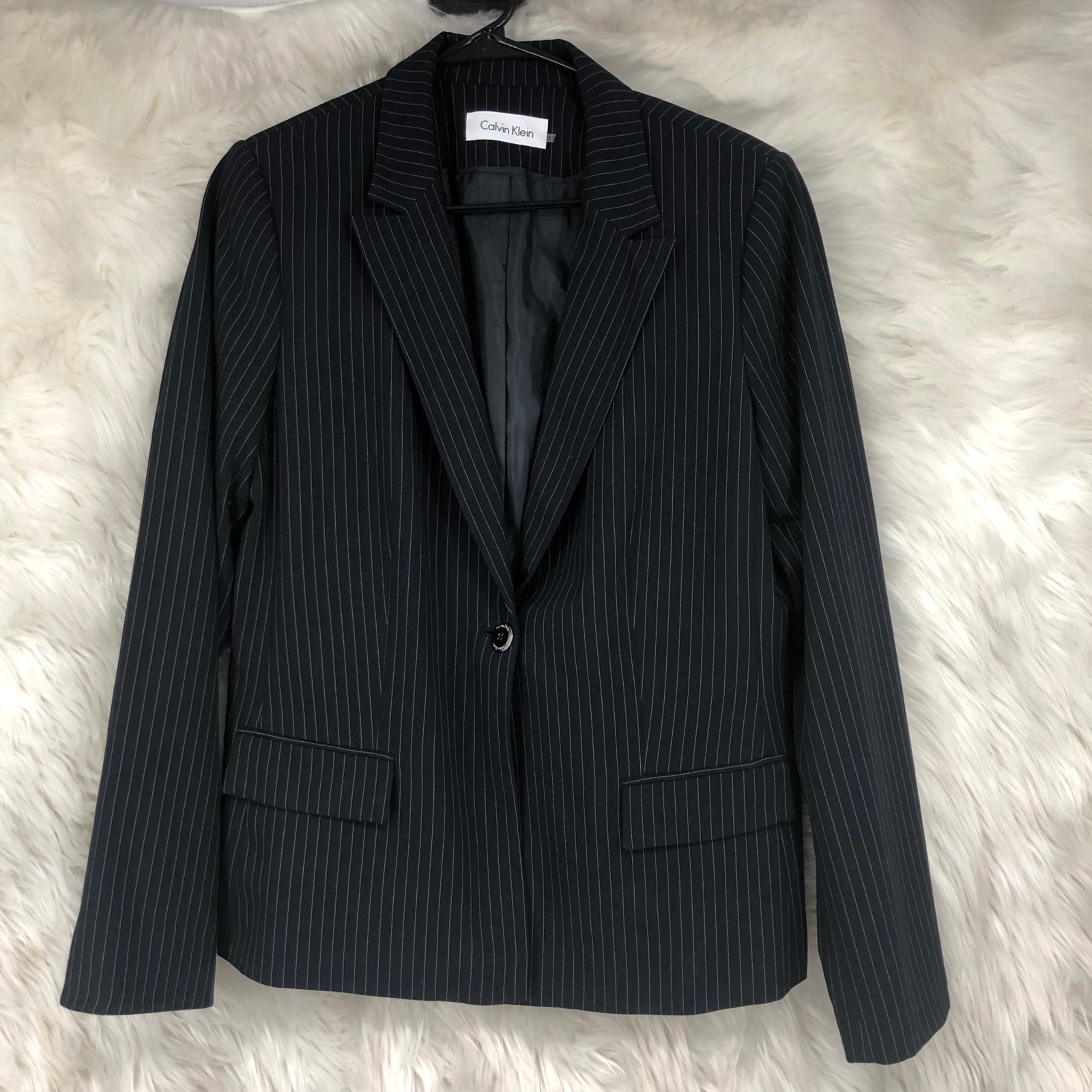 Calvin Klein Black & Grey Pinstriped Suit Jacket, Blazer, Business Coat, SZ LP