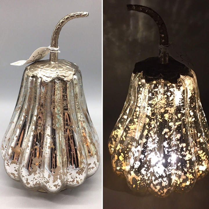 Antiqued Silver Mercury Glass Pumpkin Gourd Lighted LED Metal Stem Fall Decor 8