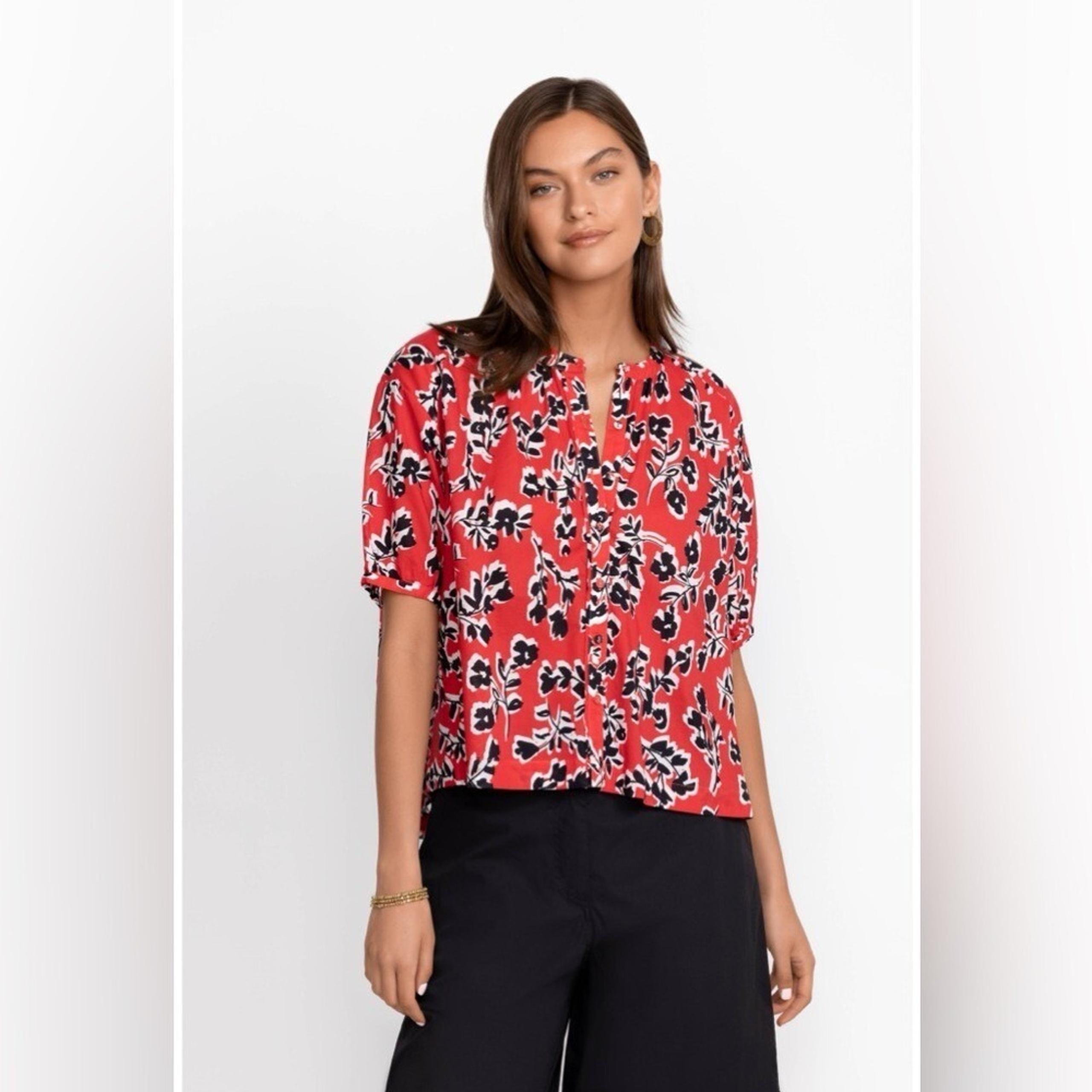 JOHNNY WAS CALME SHIRRED NECK BUTTON DOWN BLOUSE RED FLORAL TOP Size Medium