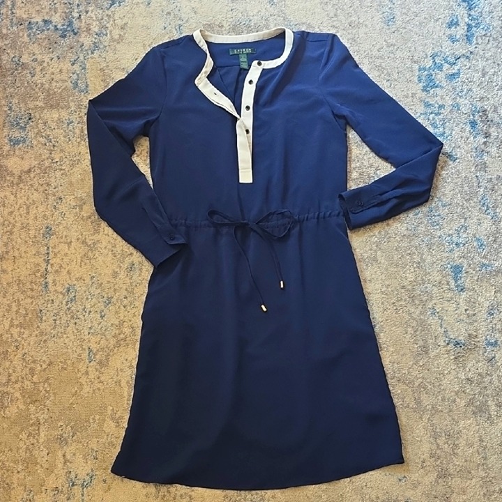 Lauren Ralph Lauren Shift Midi Dress Women's 2 Blue Tassel Tie Waist Long Sleeve