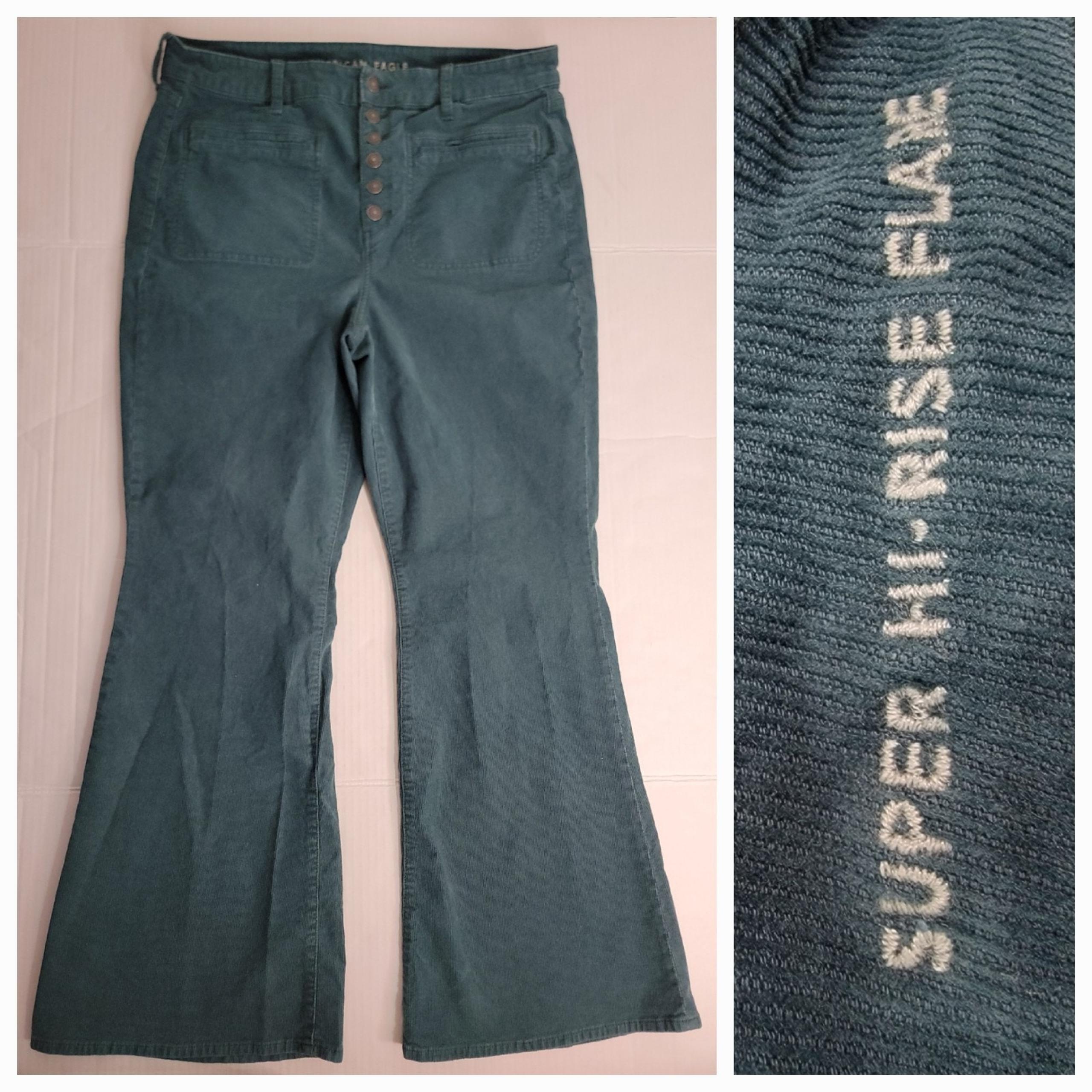 AMERICAN EAGLE Jeans 18 Super High Rise Flare Green Corduroy Stretch High Rise