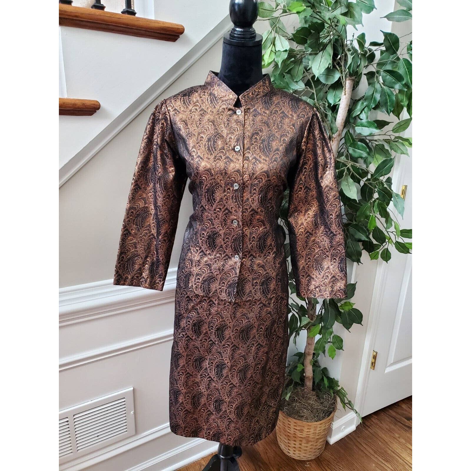 Brown Womens Polyester Single Breasted Blazer & Knee Length Skirt 2 Piece Suit