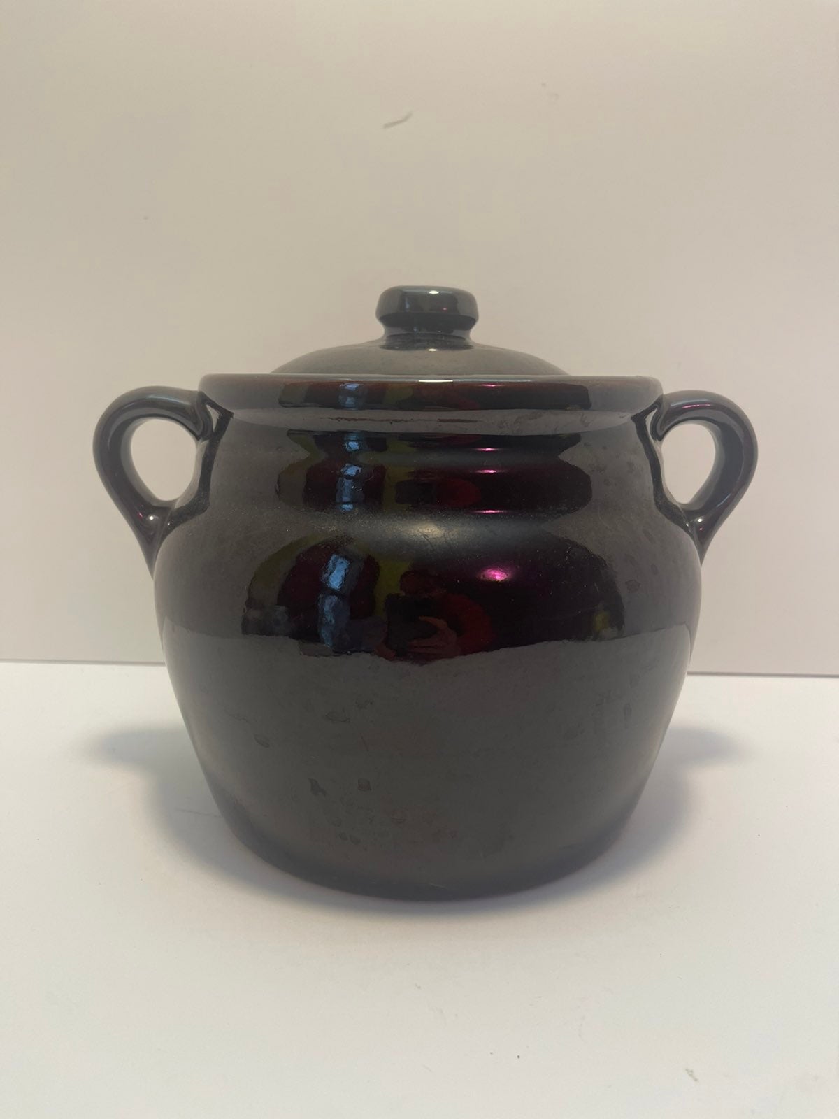 Vintage ~ Brown Glazed Bean Pot ~ Side Handles & A Lid ~ USA