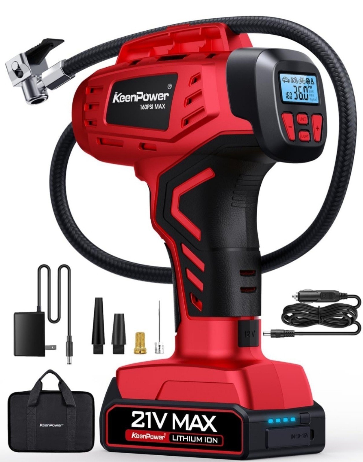 Keenpower RED Digital Tire Inflator Portable Air Compressor 160PSI With Display