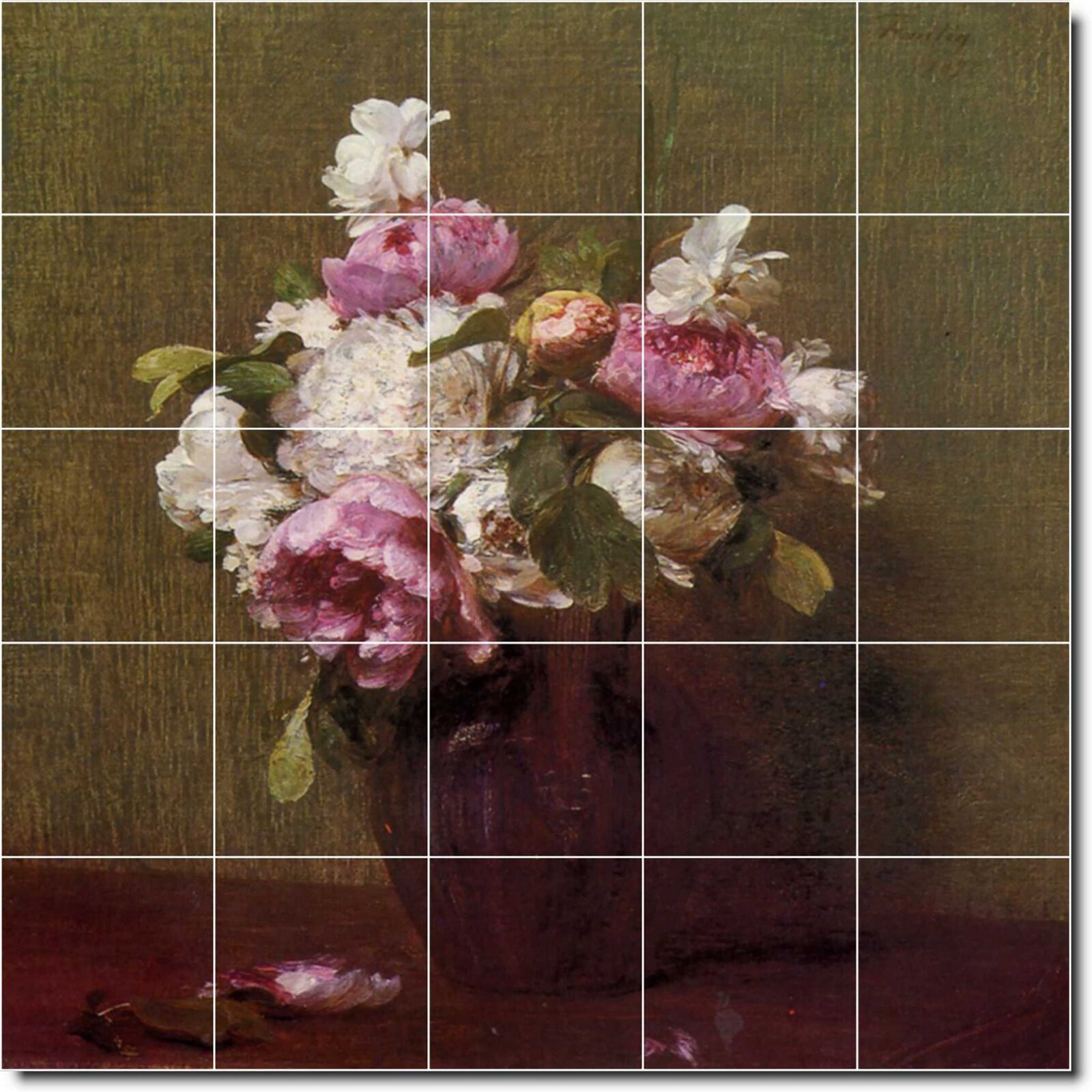 Henri Fantin Flower Painting Ceramic Tile Mural PT03232. 40 x 40 (25) 8x8 tiles