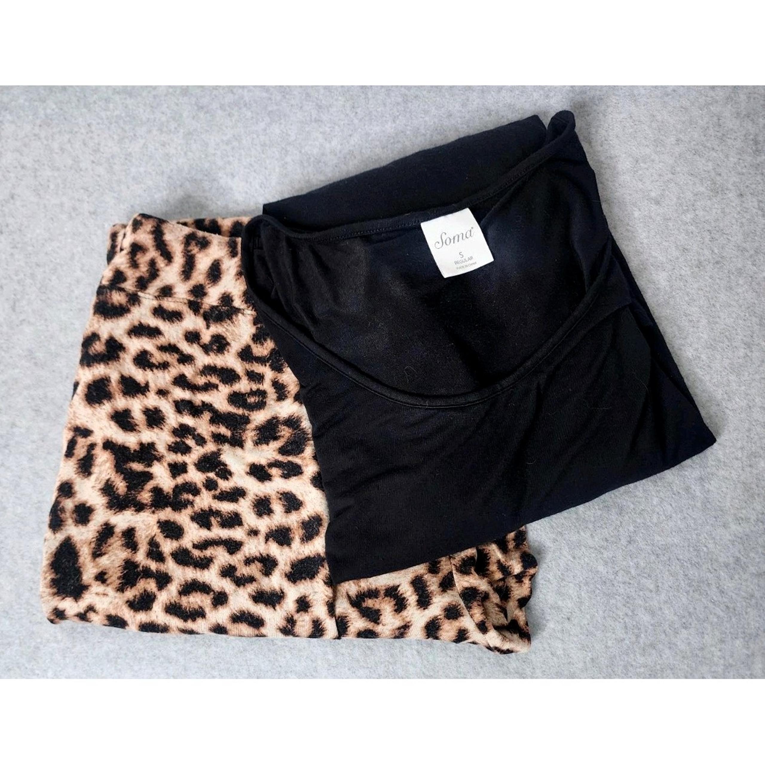 SOMA Womens Cool Nights Black Top Leopard Print Pants Pajama Set Size Small