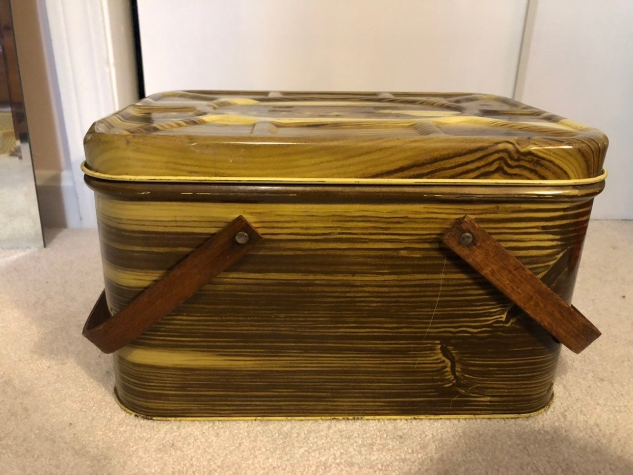 Vintage Tin Wood Print Picnic Basket