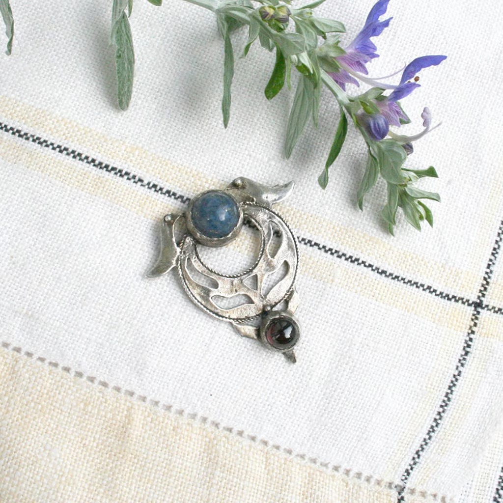 Vintage sterling silver and stone brooch garnet sodalite handmade marked C clasp