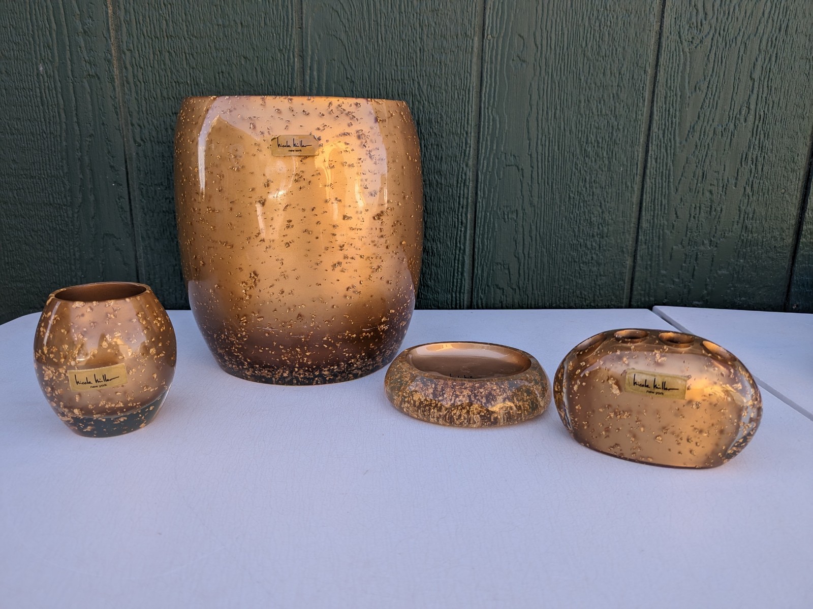 VTG Nicole Miller Lucite 4 Piece Gold Rush Bathroom Set Gold Flake Design