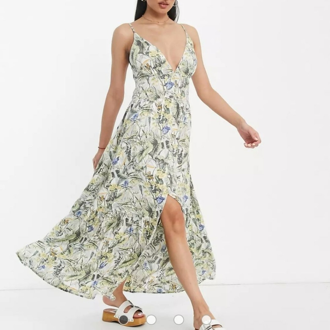 Abercrombie & Fitch Plunge Maxi Line Blend Dress in Tropical Print XXLT